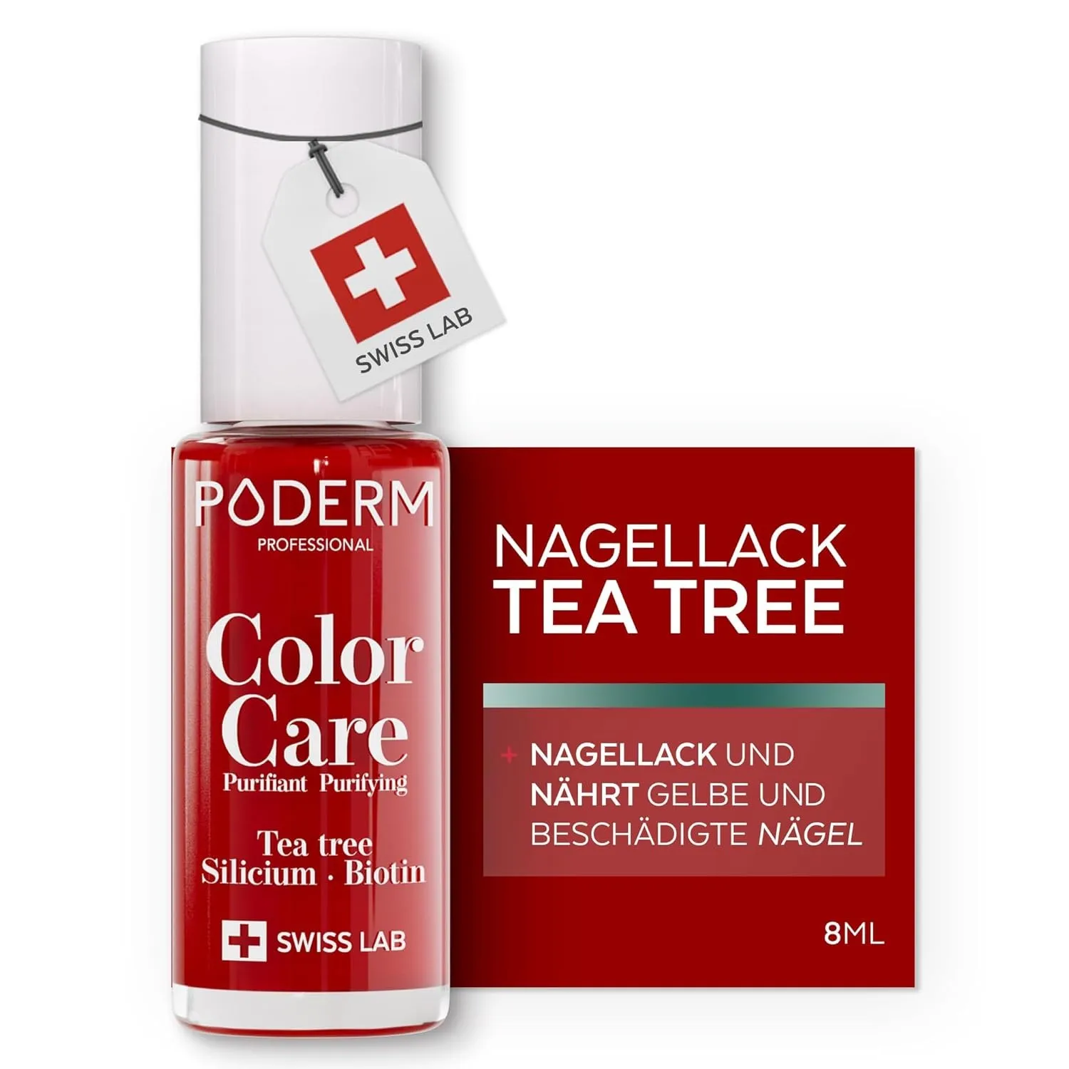 PODERM Pflegelack mit Tea Tree - Kräftiges Rot | Swiss Lab - 8ML | Angereichert mit Tea Tree, Silizium & Biotin | Reini…
