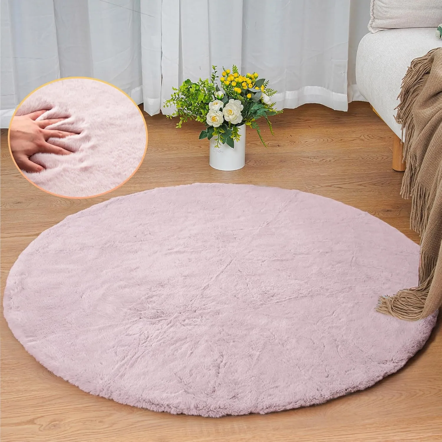 ORINOVA Teppich Schlafzimmer Rund Waschbar Fellteppich Rosa 90 cm Runder Kunstfell Flauschiger Kurzflor Teppich Kinderzimmer Wohnzimmer Weich Deko