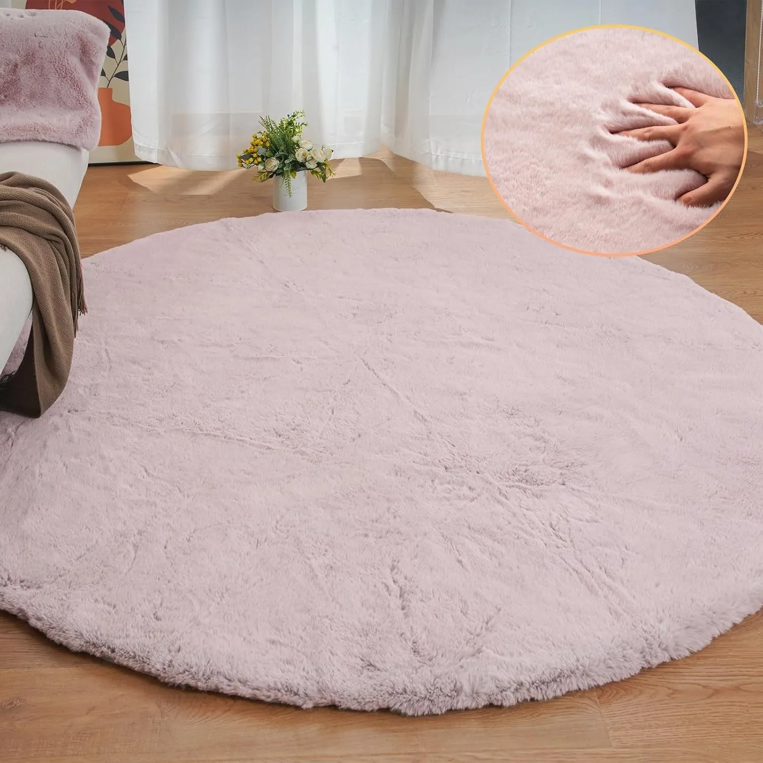ORINOVA Teppich Rund Rosa 240 cm Flauschig Schlafzimmer Runder Kunstfell Teppich Weich Wohnzimmer Fellteppich Waschbar …