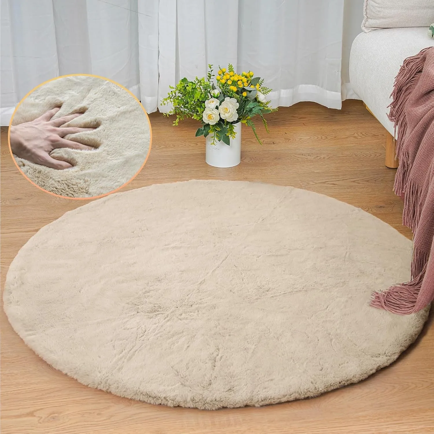 ORINOVA Teppich Beige Rund Flauschig 90 cm Kunstfell Runder Teppich Schlafzimmer Fellteppich Wohnzimmer Kinderzimmer Kl…