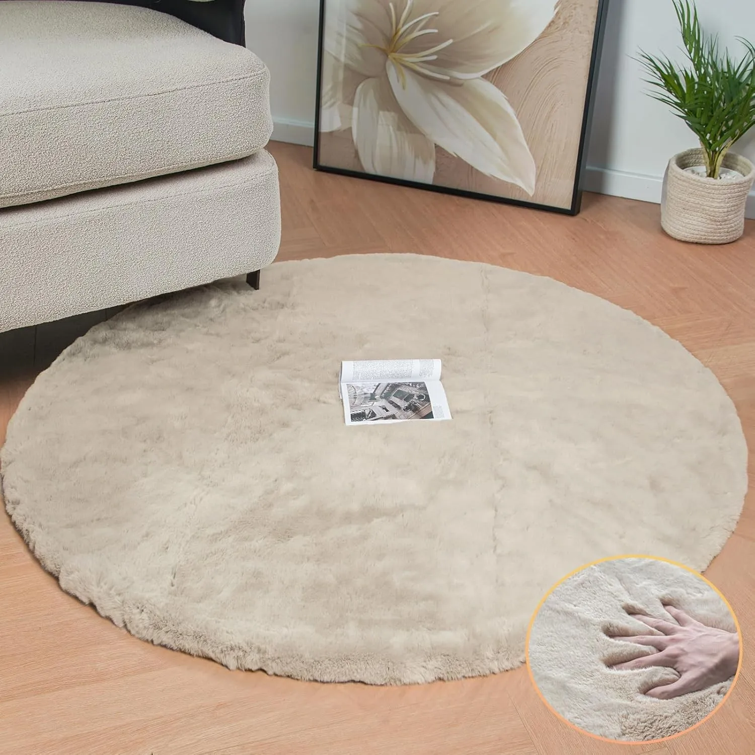 ORINOVA Runder Teppich Beige Flauschig Fellteppich 120 cm Kunstfell Teppich Schlafzimmer Rund Wohnzimmer Bettvorleger K…