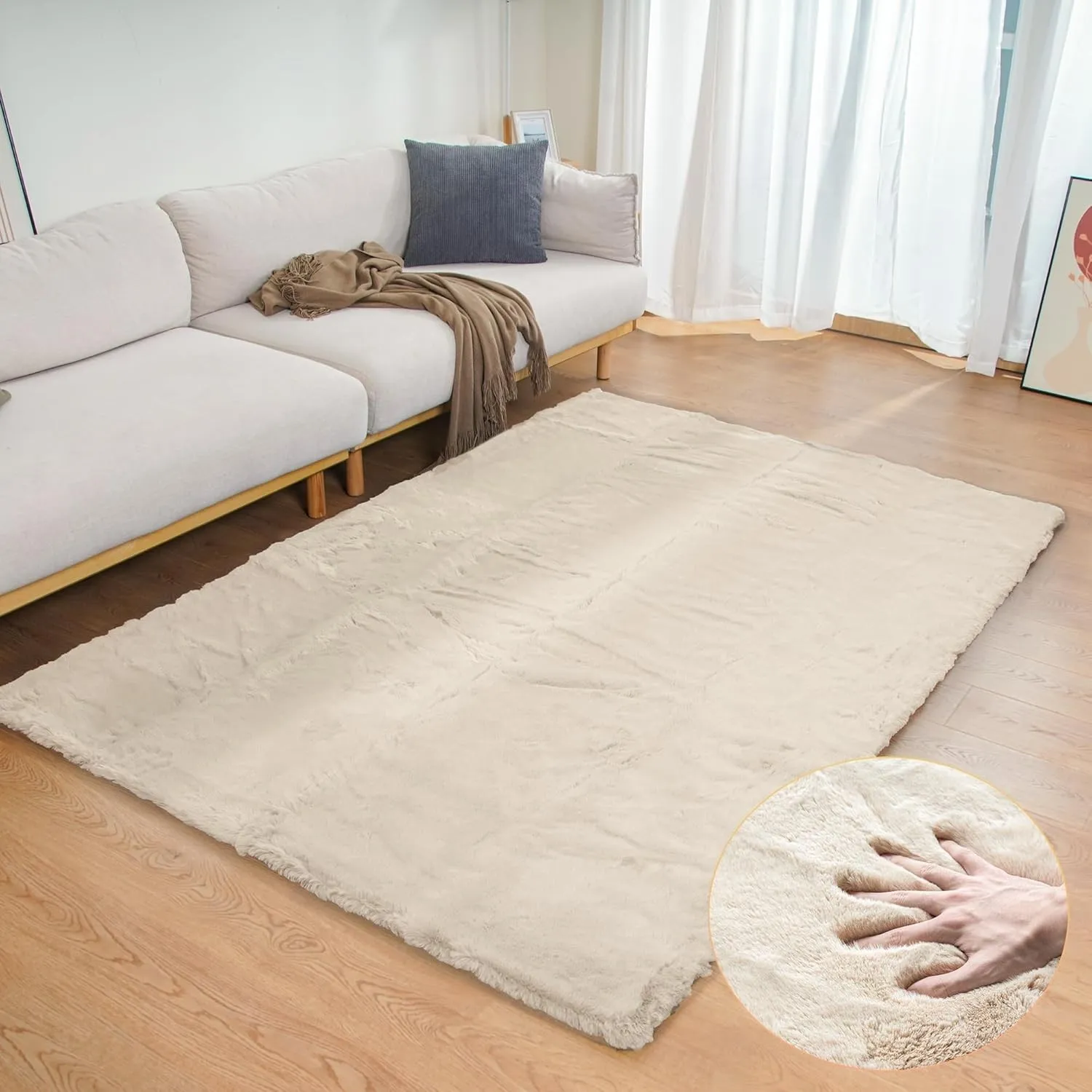 ORINOVA Teppich Beige Flauschig 120x180 cm Wohnzimmer Schlafzimmer Kinderzimmer Fellteppich Bettvorleger Kunstfell Tepp…