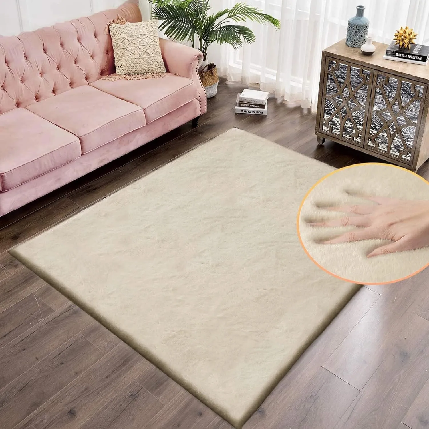ORINOVA Teppich Wohnzimmer Beige Waschbar 150x240 cm Fellteppich Flauschiger Schlafzimmer Kinderzimmer Kunstfell Teppic…