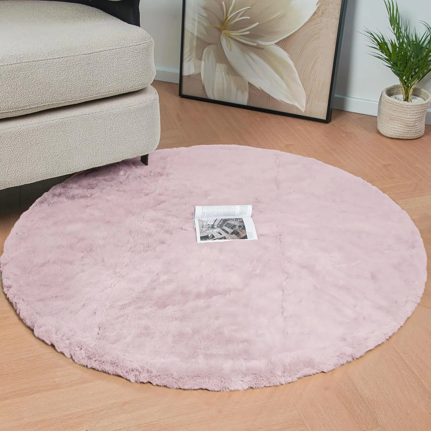 ORINOVA Runder Teppich Schlafzimmer Flauschig Bettvorleger Waschbar Rosa 120 cm Fellteppich Rund Teppich Wohnzimmer Kin…