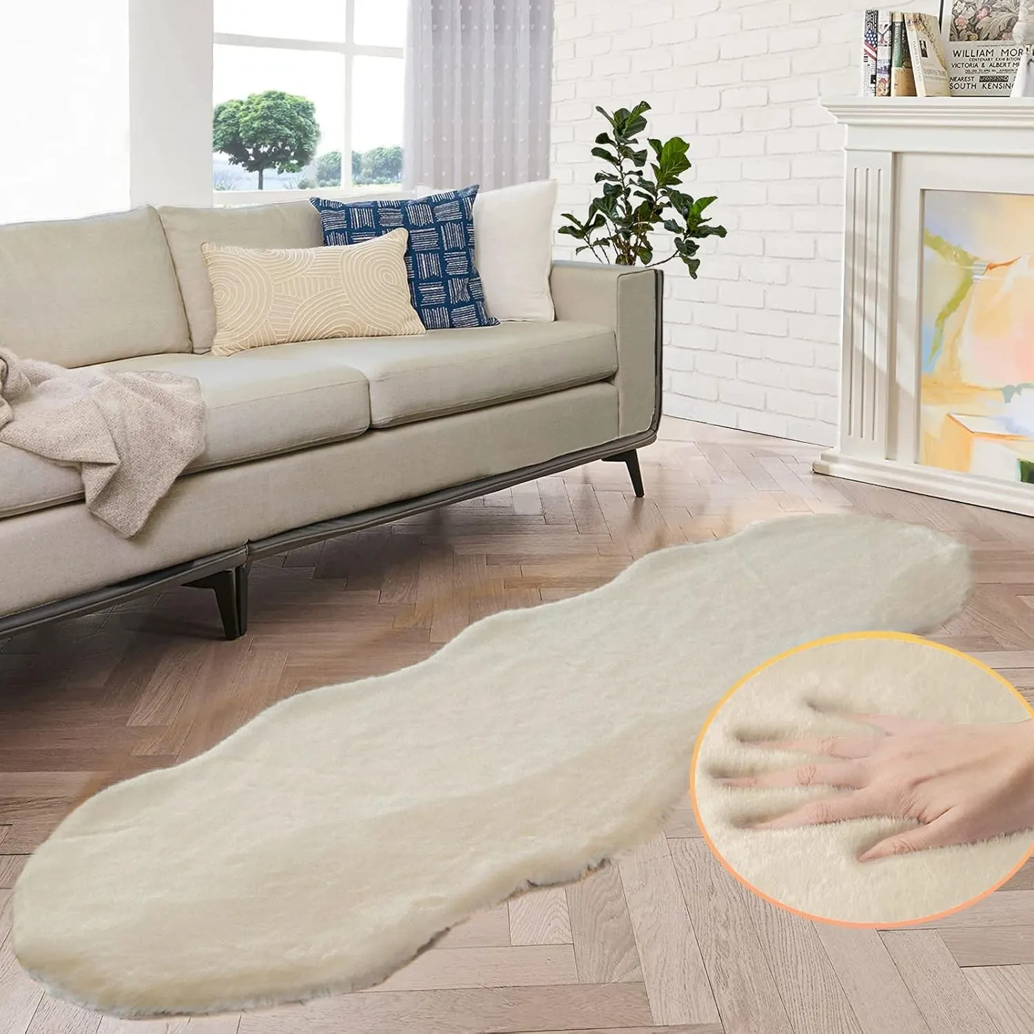 ORINOVA Teppich Schlafzimmer Flauschig Beige 60x180 cm Fellteppich Kunstfell Teppich Weich Wohnzimmer Waschbar Gegend F…