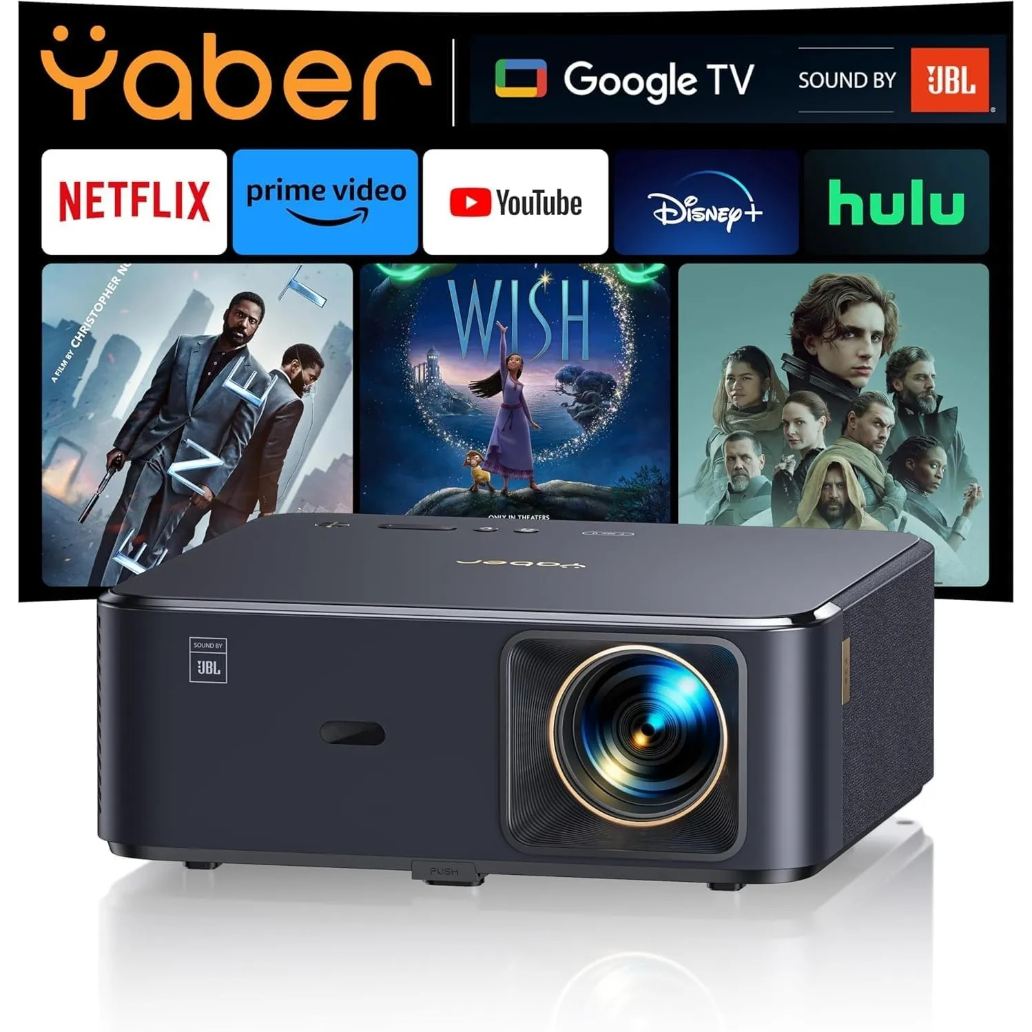 Beamer 4K mit Android TV 11.0, Sound by JBL, Dolby Audio, NFC, Autofokus, Auto Trapezkorrektur, WiFi6, Bluetooth, YABER…