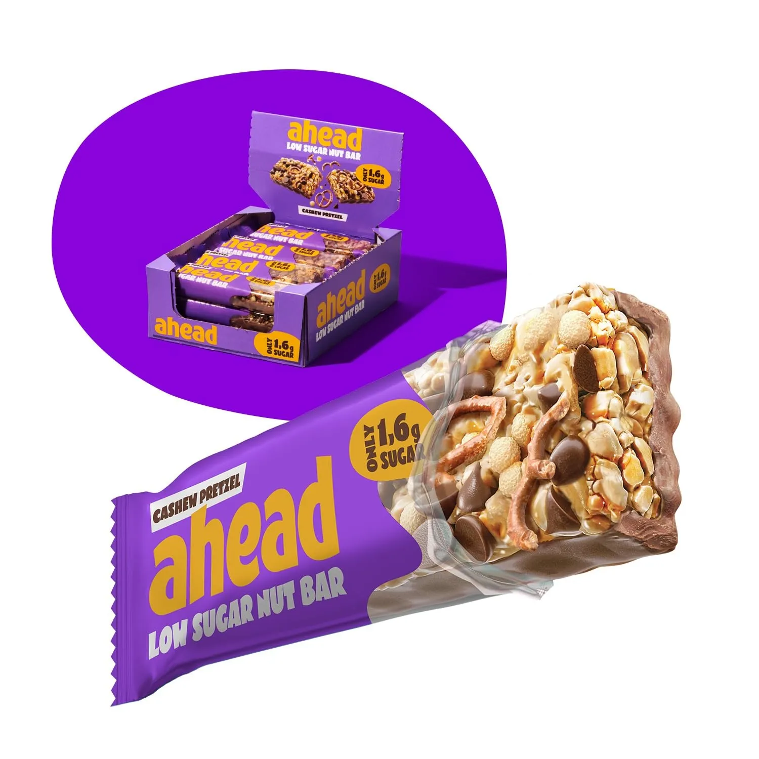 AHEAD Low Sugar Nut Bar | Nussriegel Müsliriegel ohne Zuckerzusatz mit Cashewkernen, Salzbrezel & Milchschokolade- 12x3…