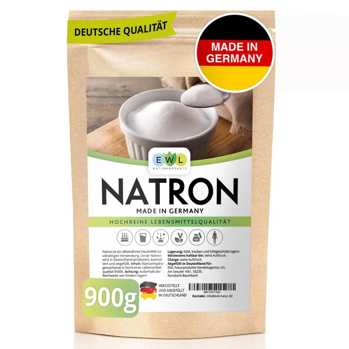 EWL Natron Pulver 900g | Baking Soda | Lebensmittelqualität | Hochrein