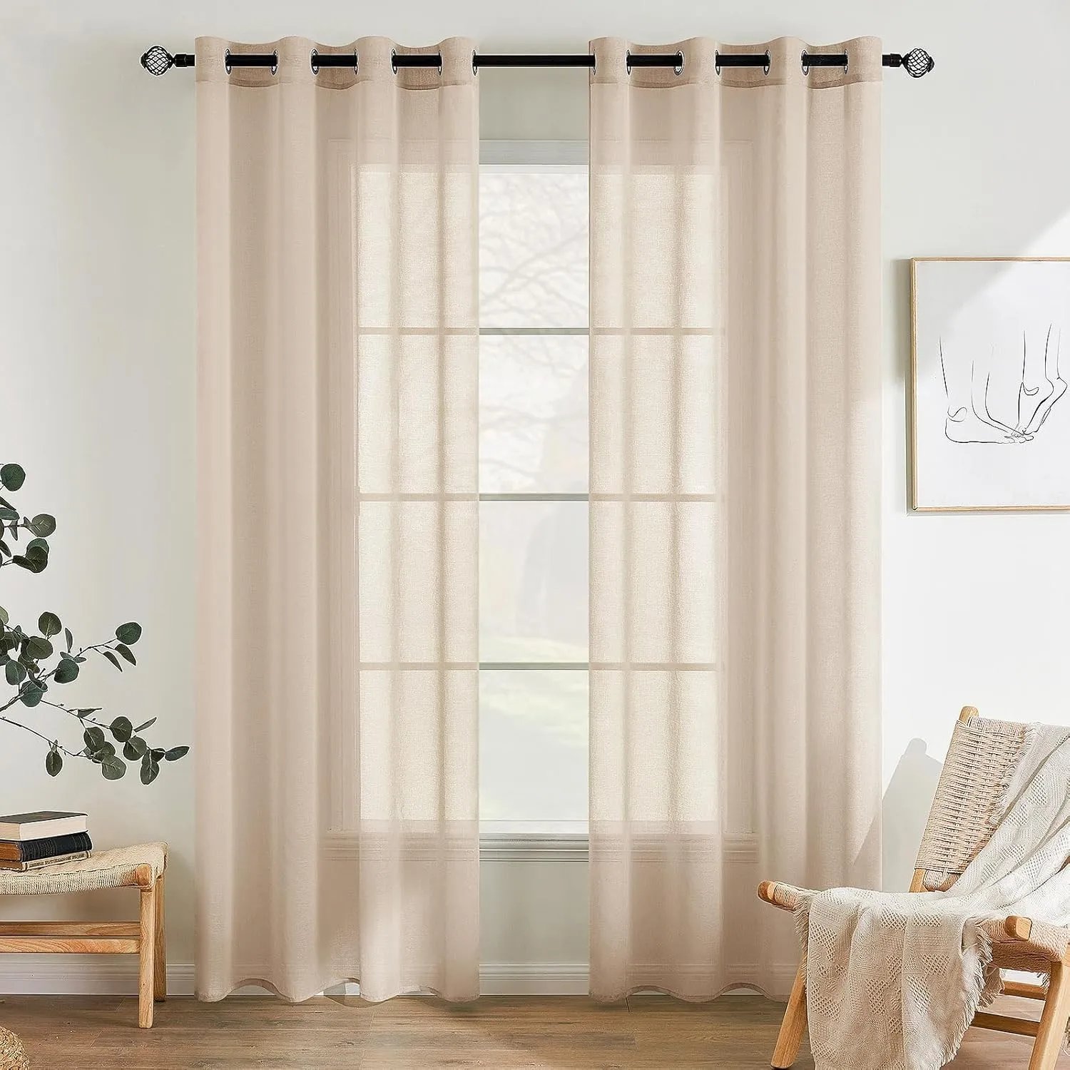 EMEMA Gardinen mit Ösen 2er Set 245cm Lang Beige Vorhang Voile Vorhänge