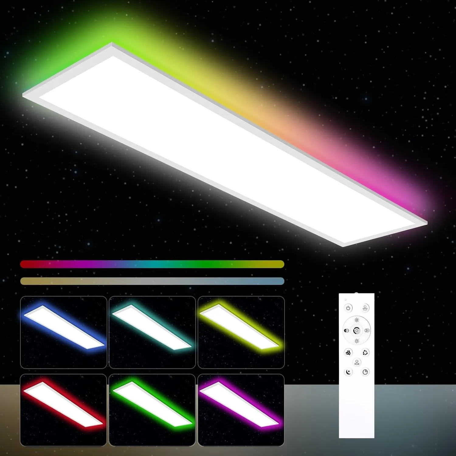 Oraymin LED Panel Deckenleuchte 120x30, RGB Deckenlampe mit Fernbedienung, 40W 4800LM Lampen mit Speicherfunktion, 3000…