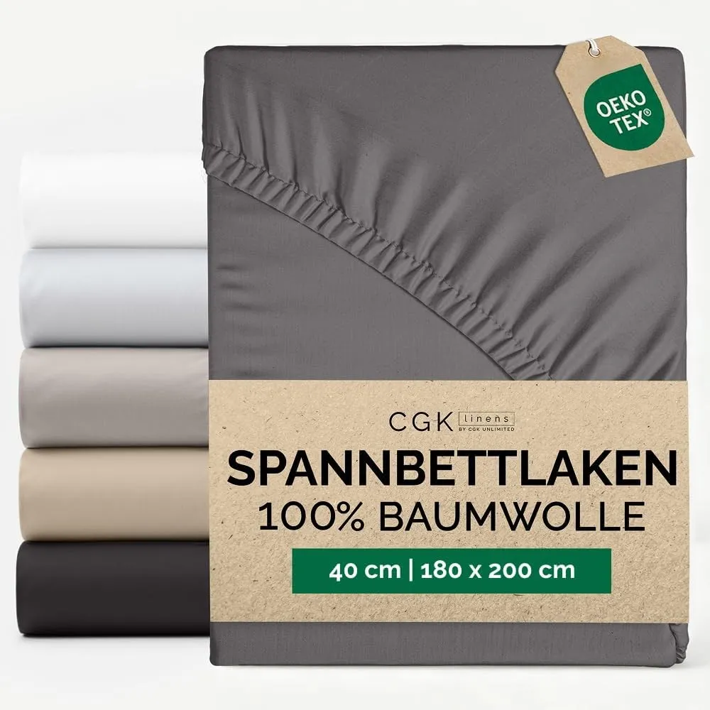 Spannbettlaken 180x200 - Baumwolle Mako Satin 40cm (16") tief - Dunkelgrau | 400 Fäden, Gebürstet, Knitterfrei, Atmungs…