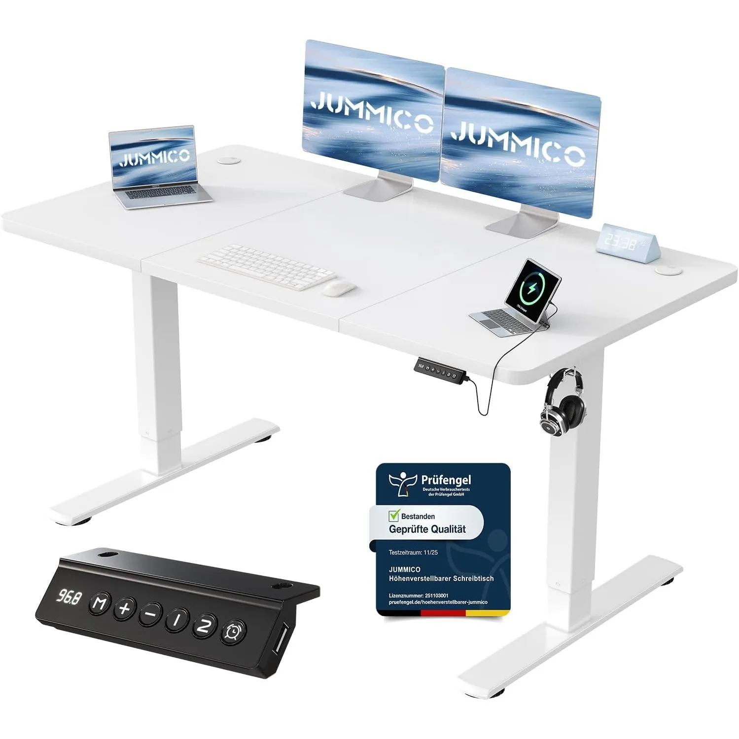 JUMMICO Höhenverstellbarer Schreibtisch 140 x 60 cm, USB-A-Anschluss | Schreibtisch Höhenverstellbar Elektrisch, Erinne…