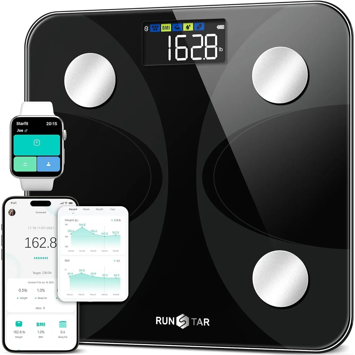 RunSTAR Körperfettwaage, Waage Personen mit Großem Display 180 kg/400 lbs, Personenwaage Digitale Analysator für 13 Ess…