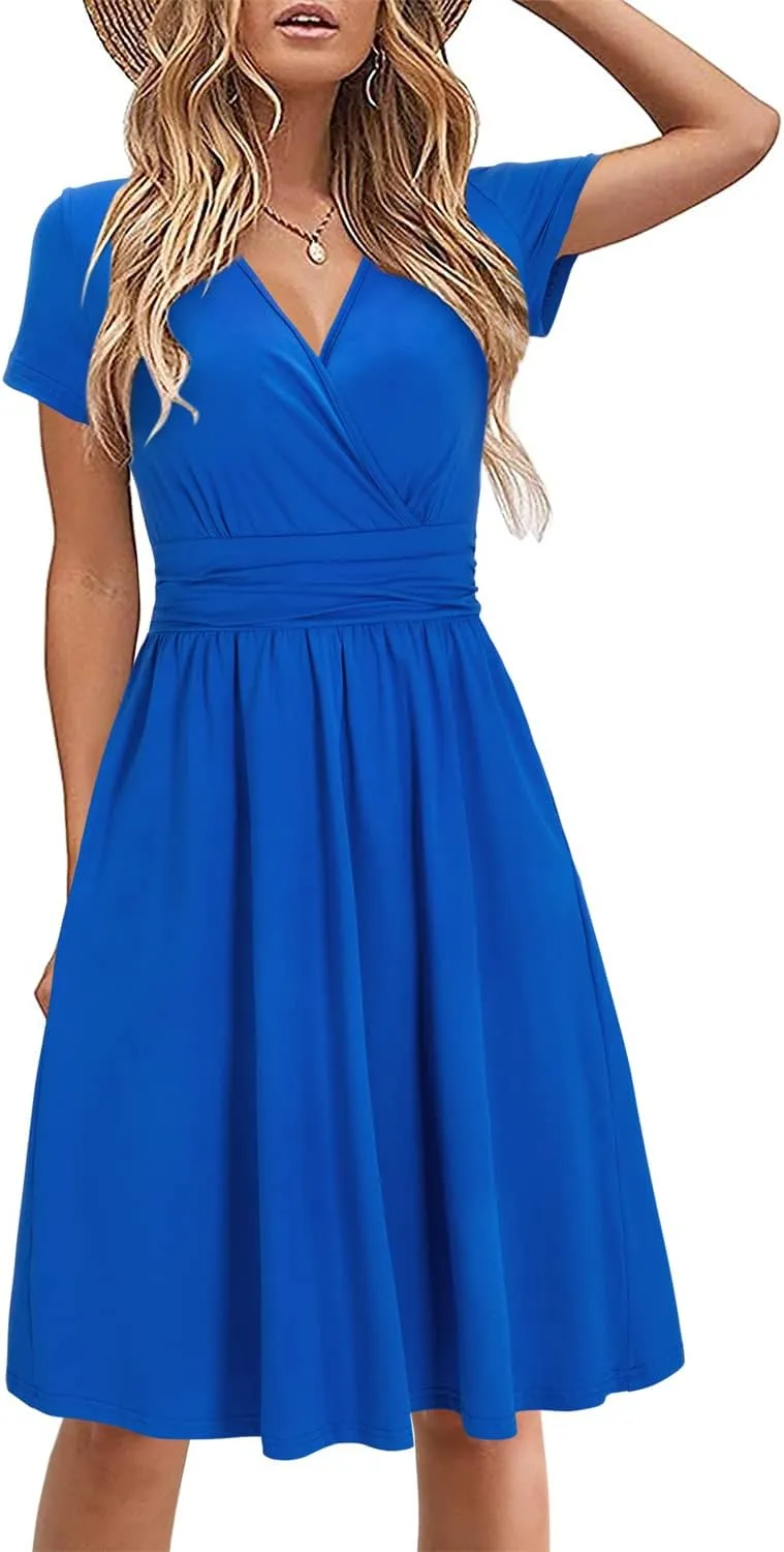 STYLEWORD Women's Summer Dress, Short Sleeve, V-Neck Dress, Floral Pattern, Wrap Dress with Pockets