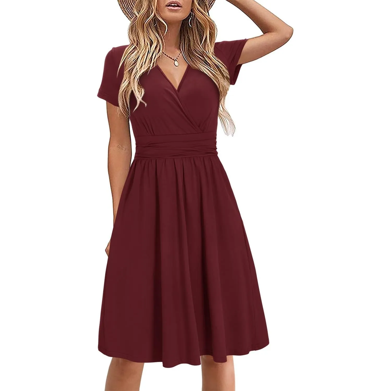 STYLEWORD Damen Sommerkleid Kurzarm V-Ausschnitt Kleider Blumenmuster Kleid Wickelkleid Mit Taschen
