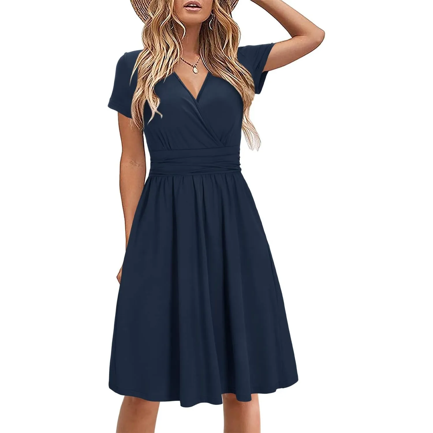 STYLEWORD Damen Sommerkleid Kurzarm V-Ausschnitt Kleider Blumenmuster Kleid Wickelkleid Mit Taschen