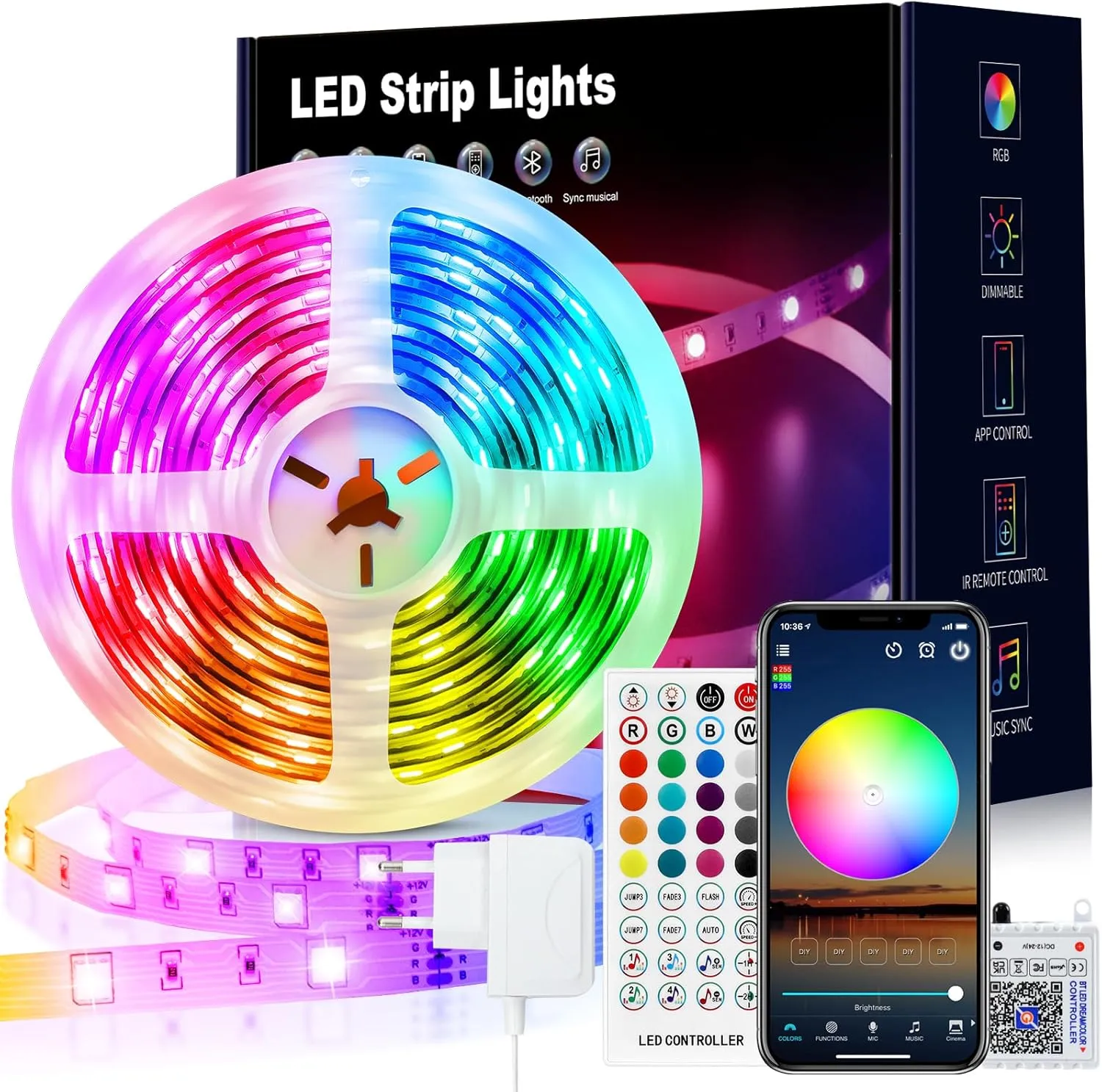 VKH LED Strip 10m, LED Streifen Bluetooth RGB LED Band 10m Selbstklebend mit Fernbedienung und APP, LED Lichterkette LE…