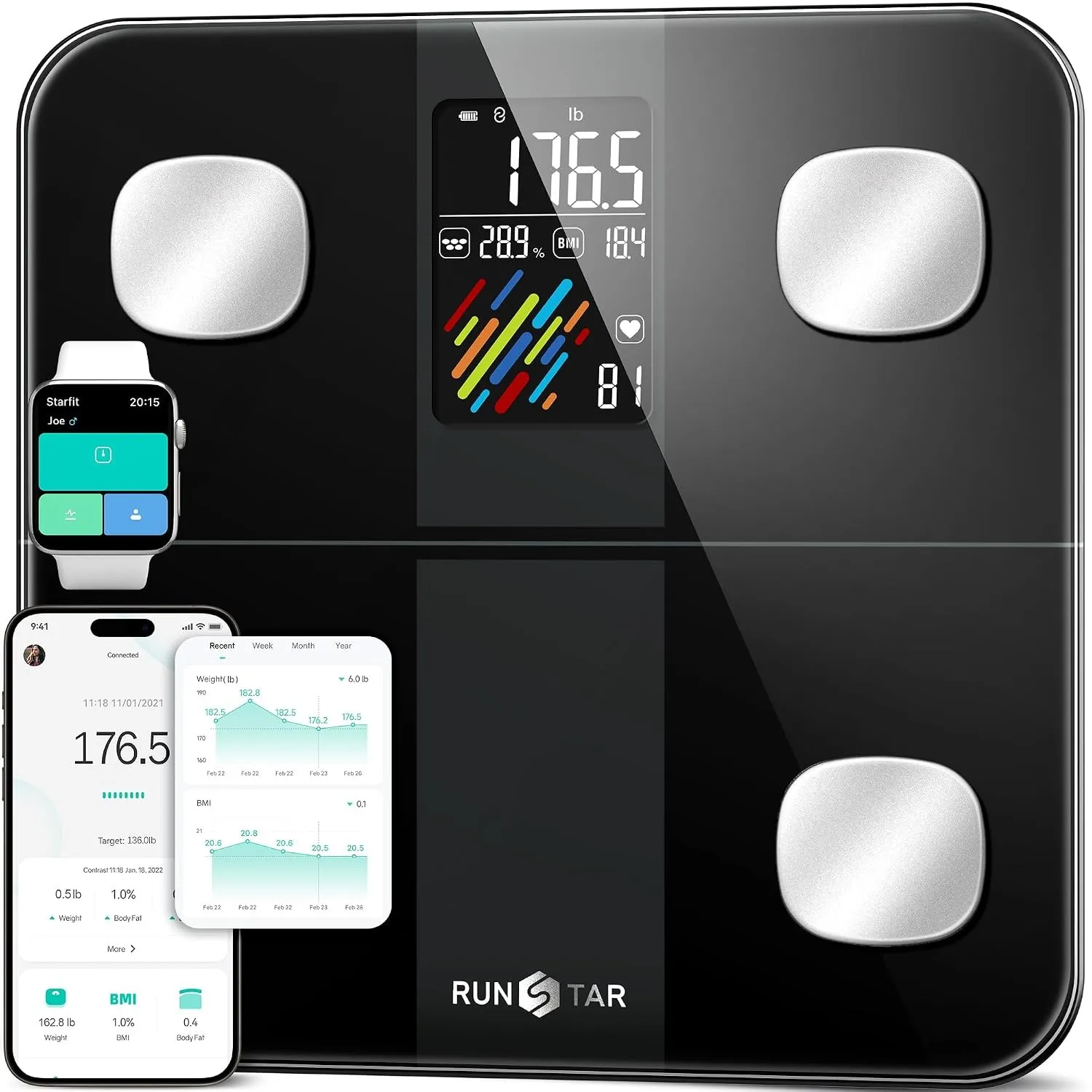 Runstar Körperwaage digital mit 15+ Körperwerten, 180 kg/400 lb, Schwarz
