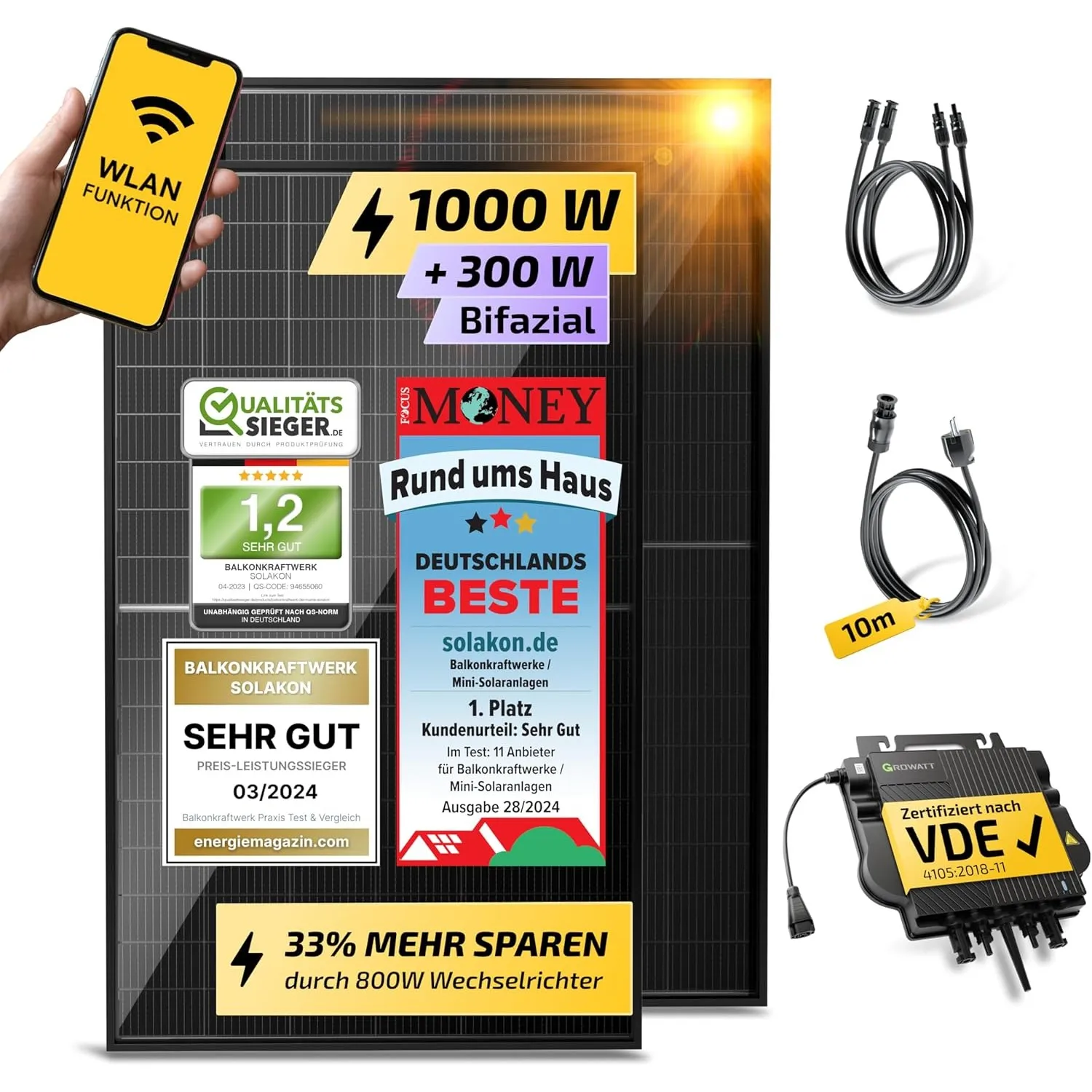 Solakon® 1000W Balkonkraftwerk - Balkonkraftwerk 800W komplett Steckdose - neuester 800 Watt Wechselrichter - Solaranla…