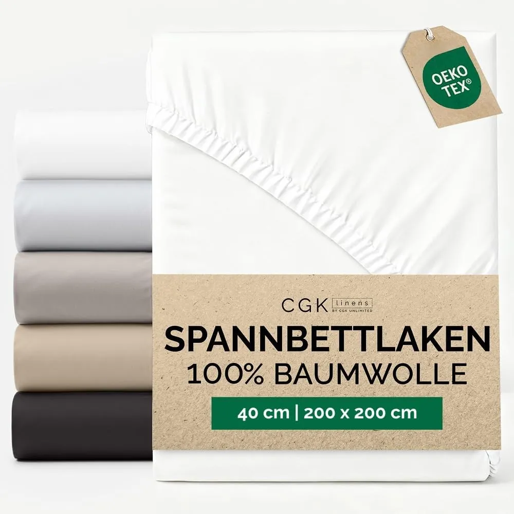 Spannbettlaken 200x200 - Baumwolle Mako Satin 40cm (16") tief - Weiß | 400 Fäden, Gebürstet, Knitterfrei, Atmungsaktiv,…