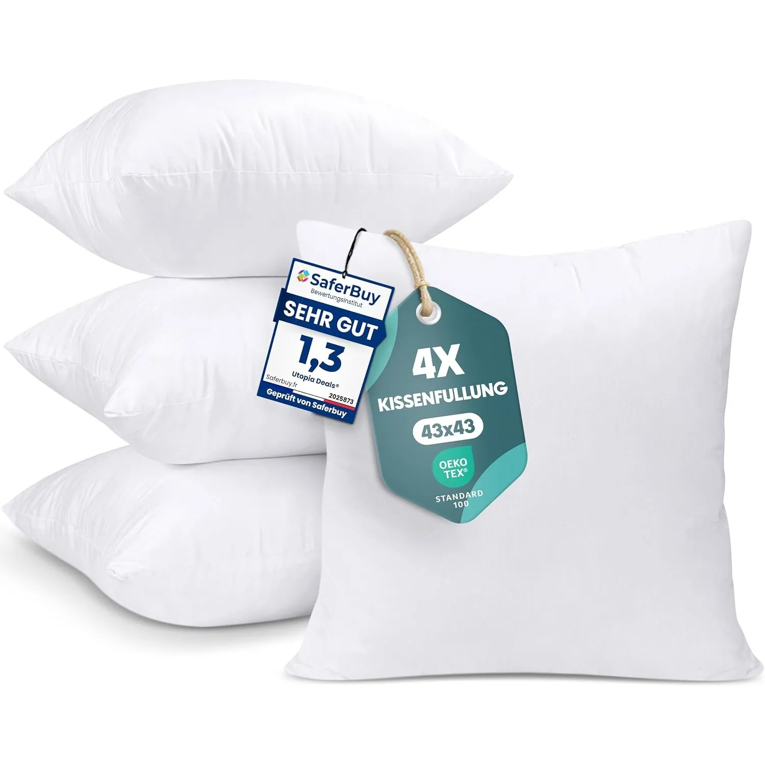 Utopia Bedding Kissenfüllung 43x43 4er Set Innenkissen Kissen Sofakissen | Weiß Mikrofaserbezug mit weicher Polyesterfü…