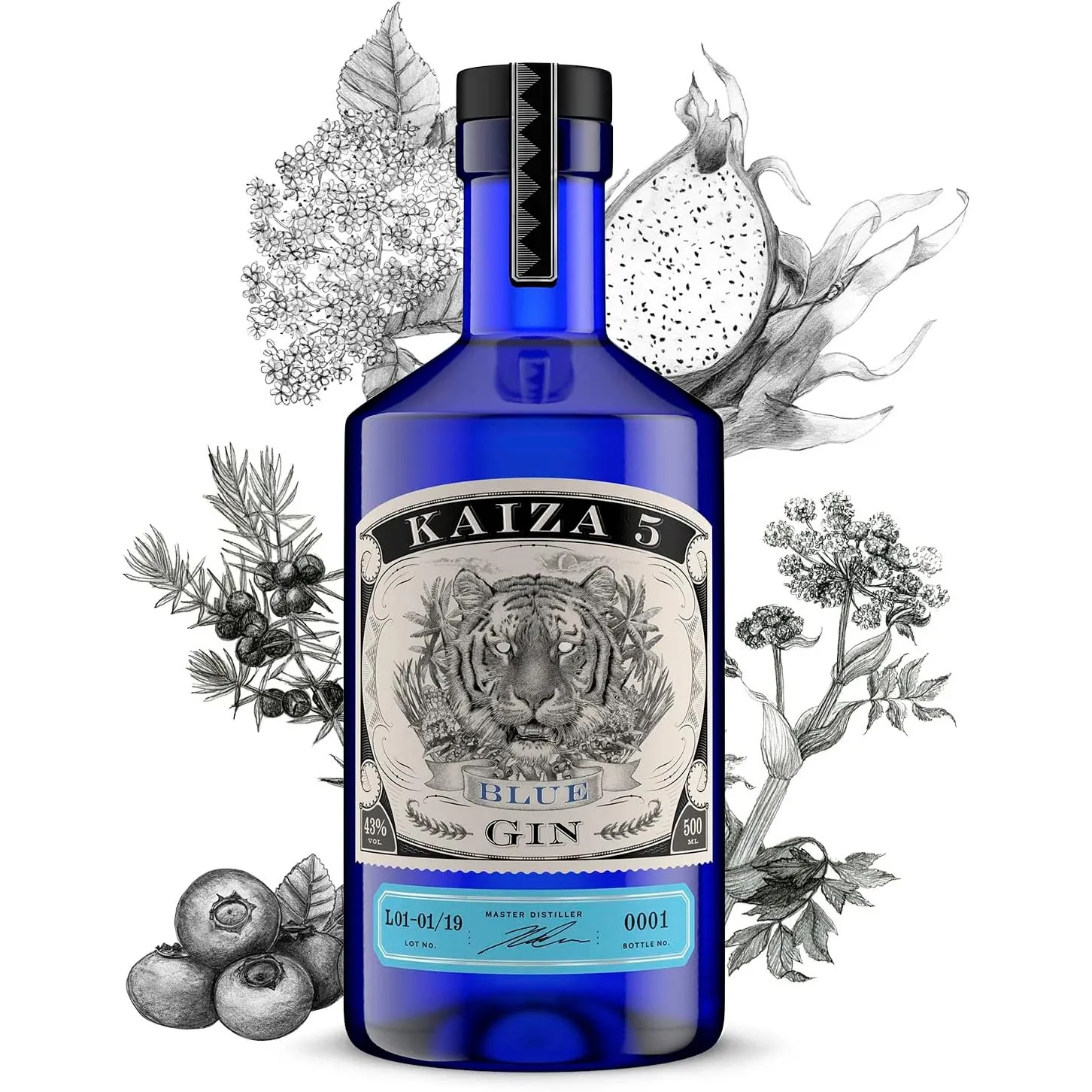 KAIZA 5 BLUE GIN – 0,5 l - 43% | Gin aus Südafrika/Kapstadt | Blumig, beerig, frisch | Holunder, Blaubeere und Drachenf…