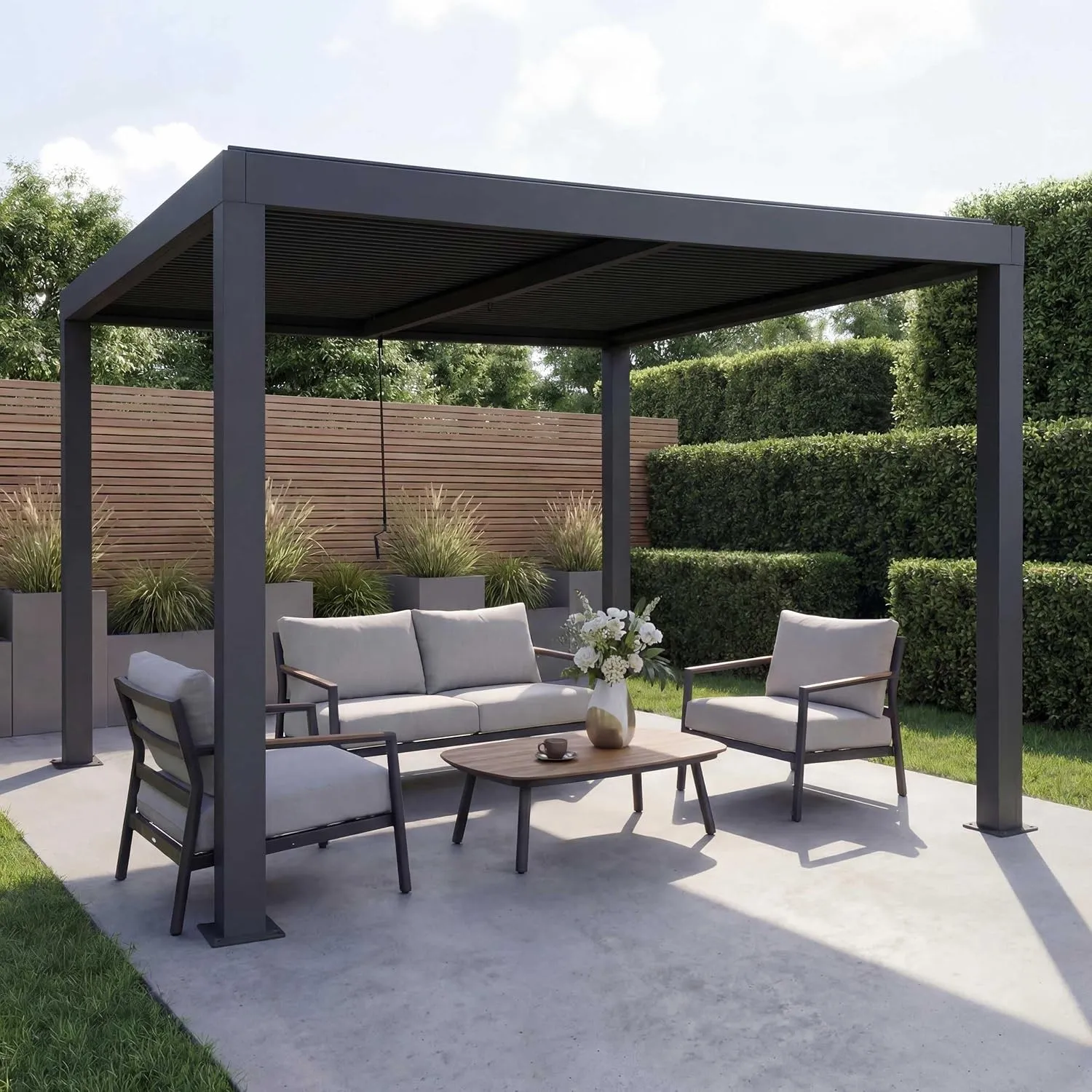 Mendler Pergola HWC-L46 10cm-Aluminium-Gestell 3x3m - anthrazit | Gartenpavillon, Lamellen-Pavillon, Regenrinne, sturmf…