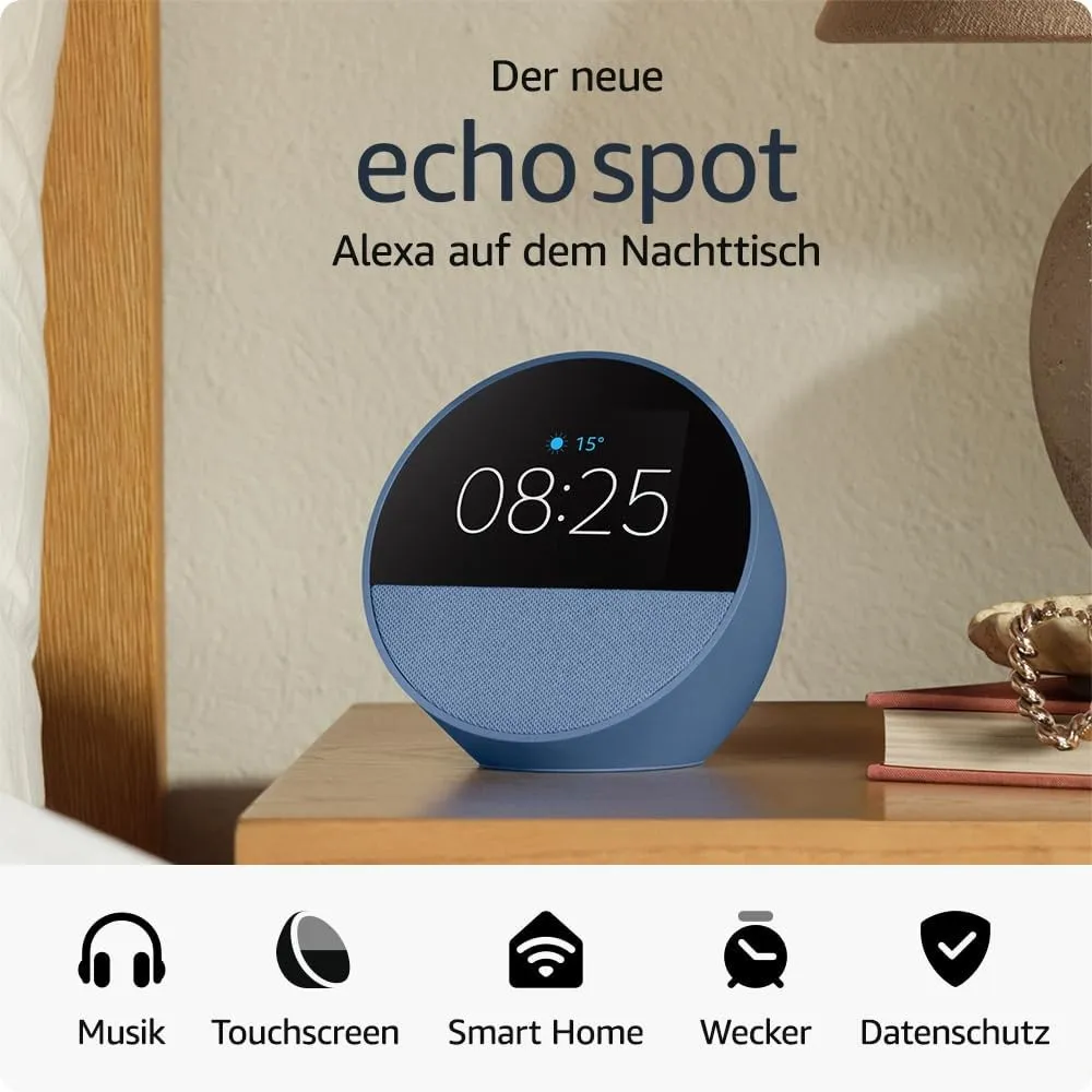 Zertifiziert und generalüberholt Amazon Echo Spot (2024), smarter Wecker mit sattem Klang und Alexa, Blau