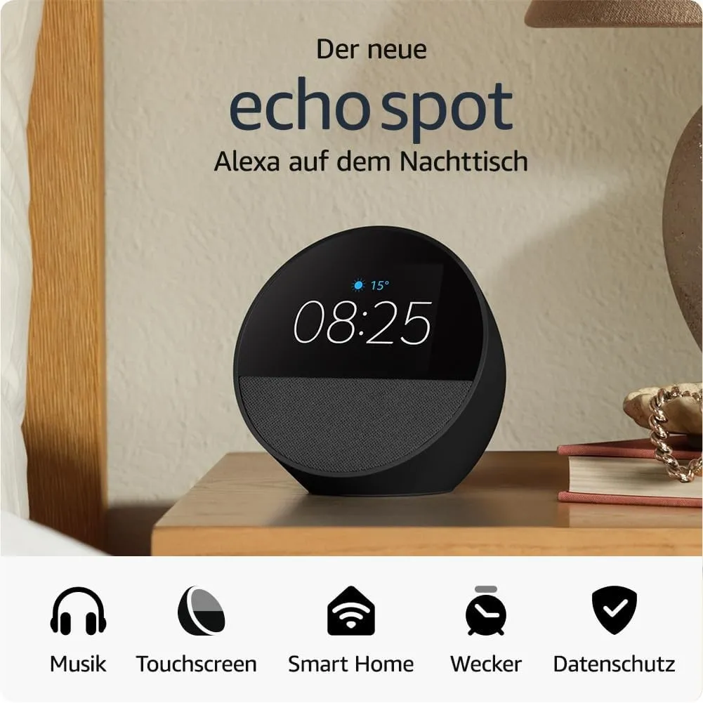 Zertifiziert und generalüberholt Amazon Echo Spot (2024), smarter Wecker mit sattem Klang und Alexa, Schwarz