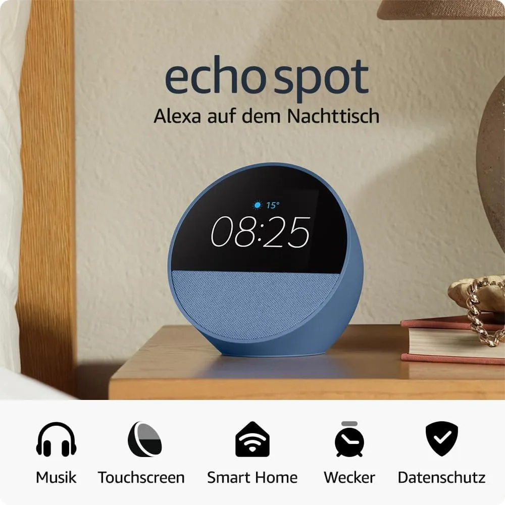 Amazon Echo Spot (neueste generation), smarter Wecker mit sattem Klang, Blau, mit Alexa+ Early Access
