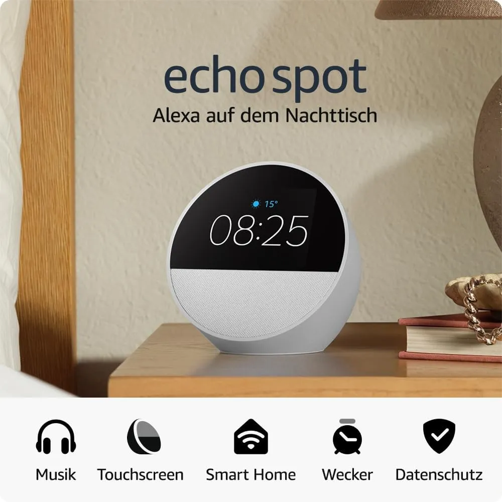 Amazon Echo Spot (neueste generation), smarter Wecker mit sattem Klang, Weiß, mit Alexa+ Early Access