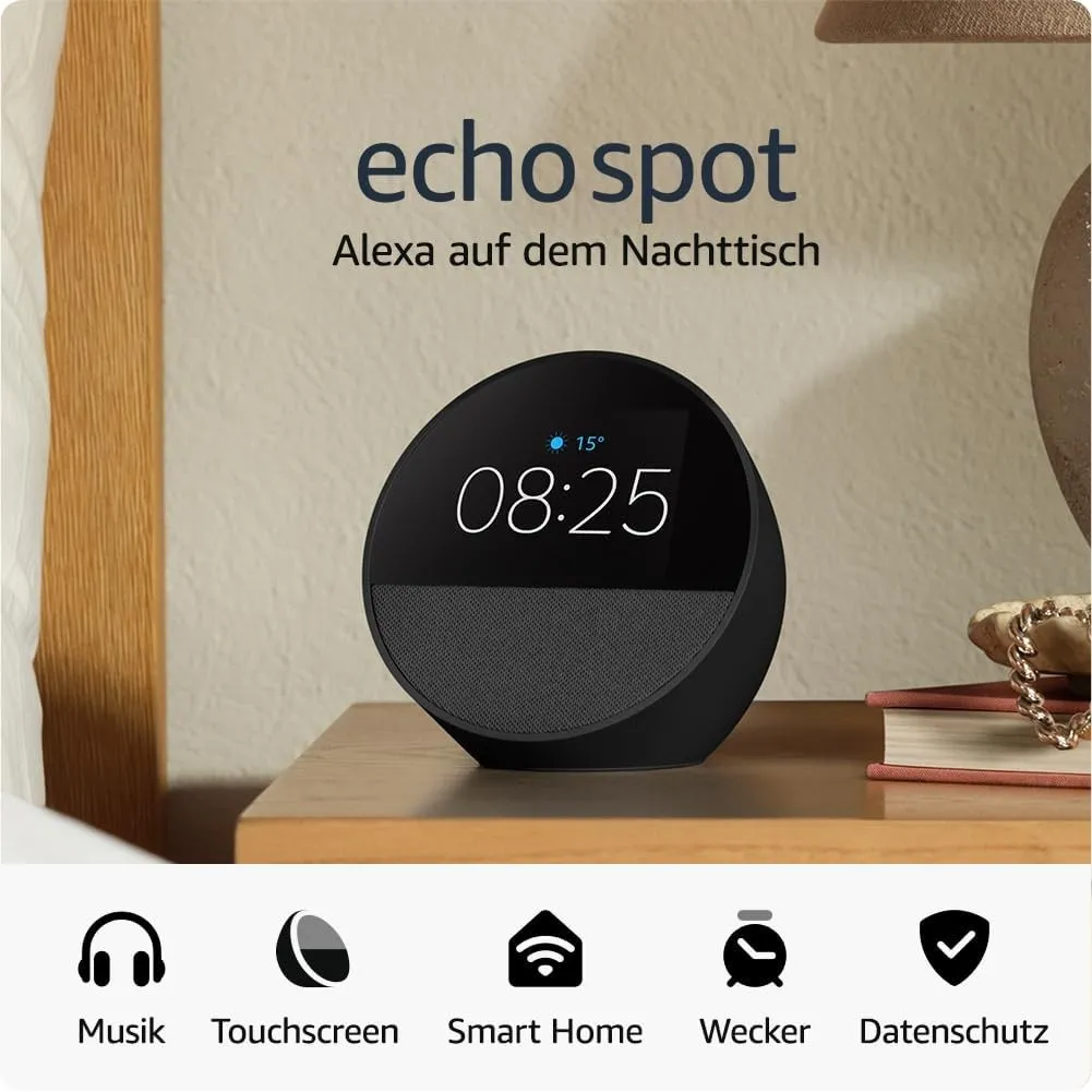 Amazon Echo Spot (neueste generation), smarter Wecker mit sattem Klang, Schwarz, mit Alexa+ Early Access