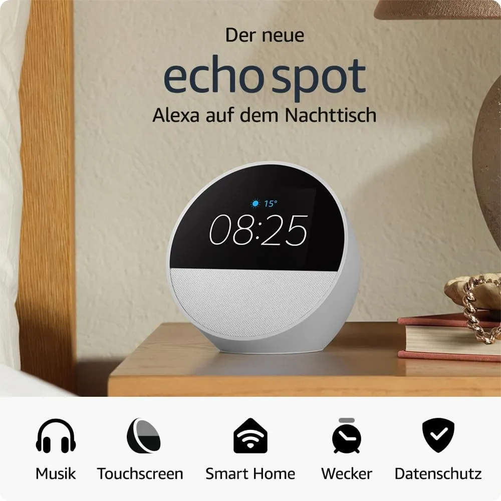 Zertifiziert und generalüberholt Amazon Echo Spot (2024), smarter Wecker mit sattem Klang und Alexa, Weiß