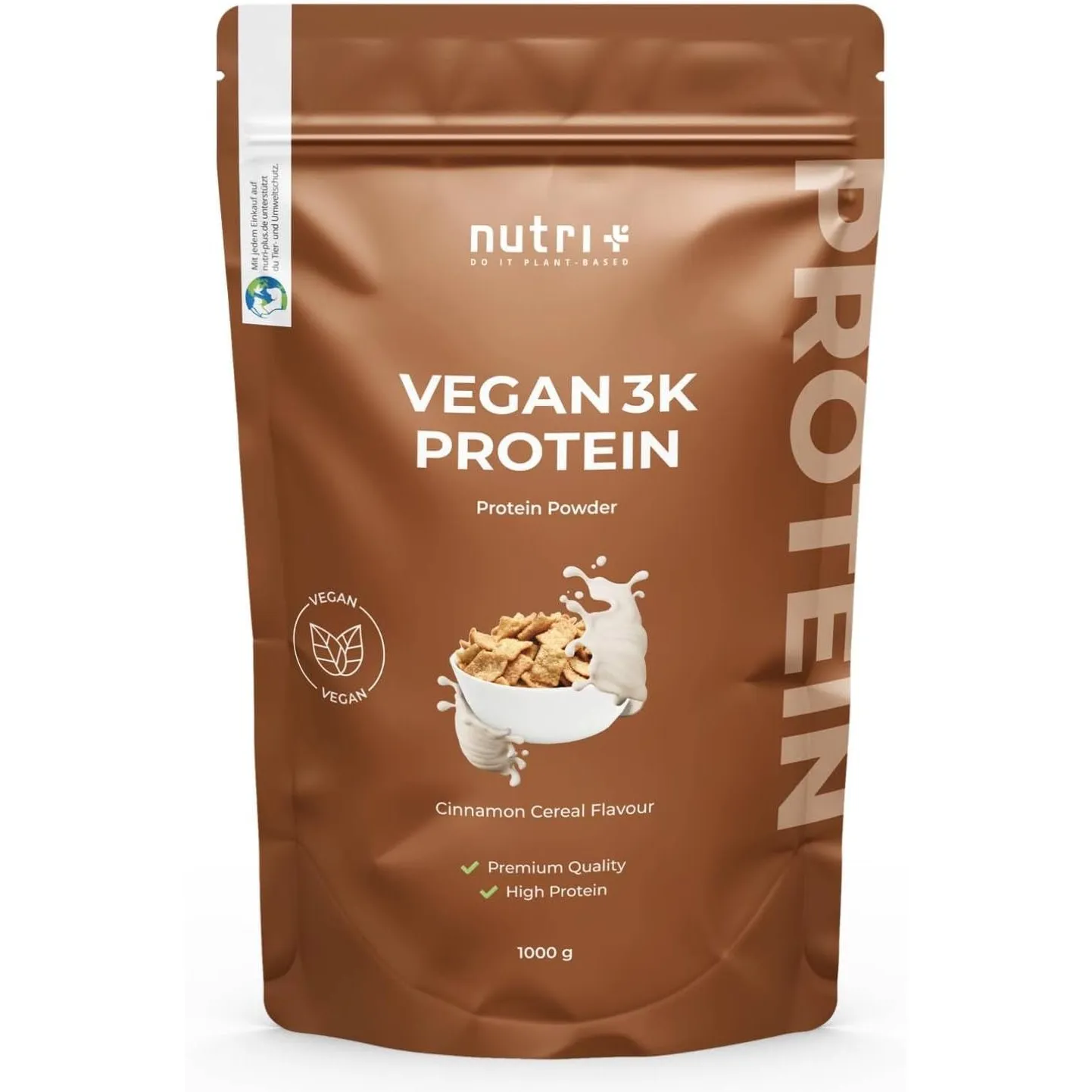 Nutri + Vegan Proteinpulver Cinnamon Cereal 1 kg - 3k Eiweißshake - Veganes Eiweißpulver ohne Laktose Protein Powder - …