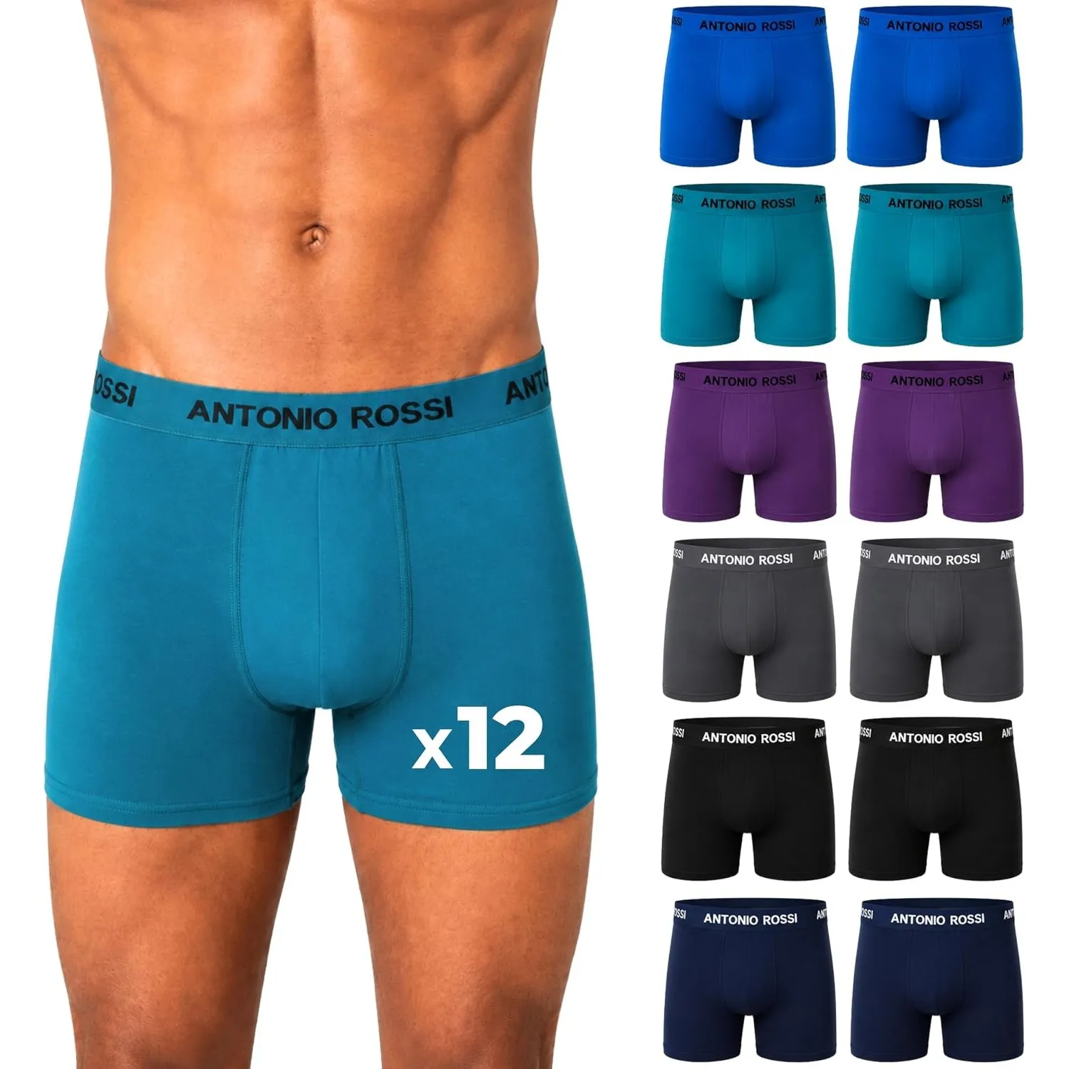 Antonio Rossi 12er-Pack Boxershorts Herren Baumwolle, Stretch-Bund