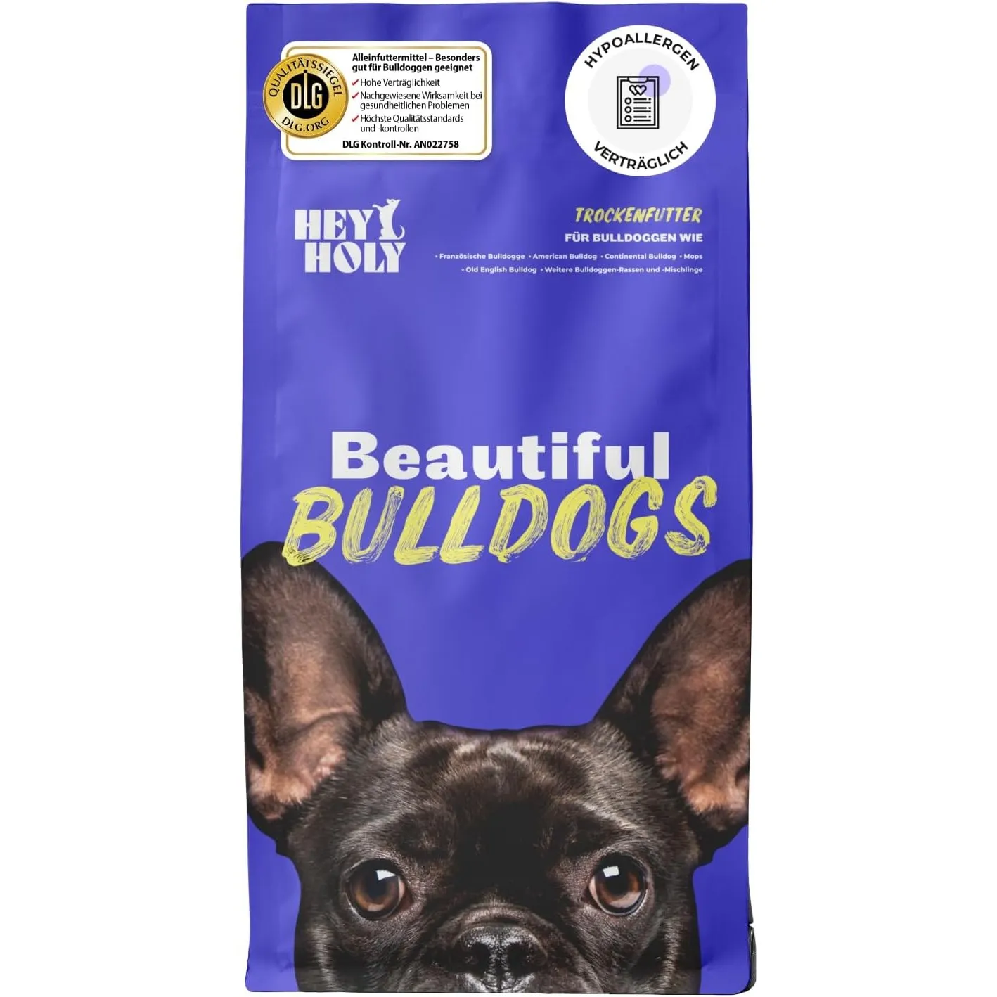 HEY HOLY Premium Trockenfutter für Bulldoggen 100% getreidefrei | 7kg hypoallergenes Hundefutter für ausgewachsene Bull…