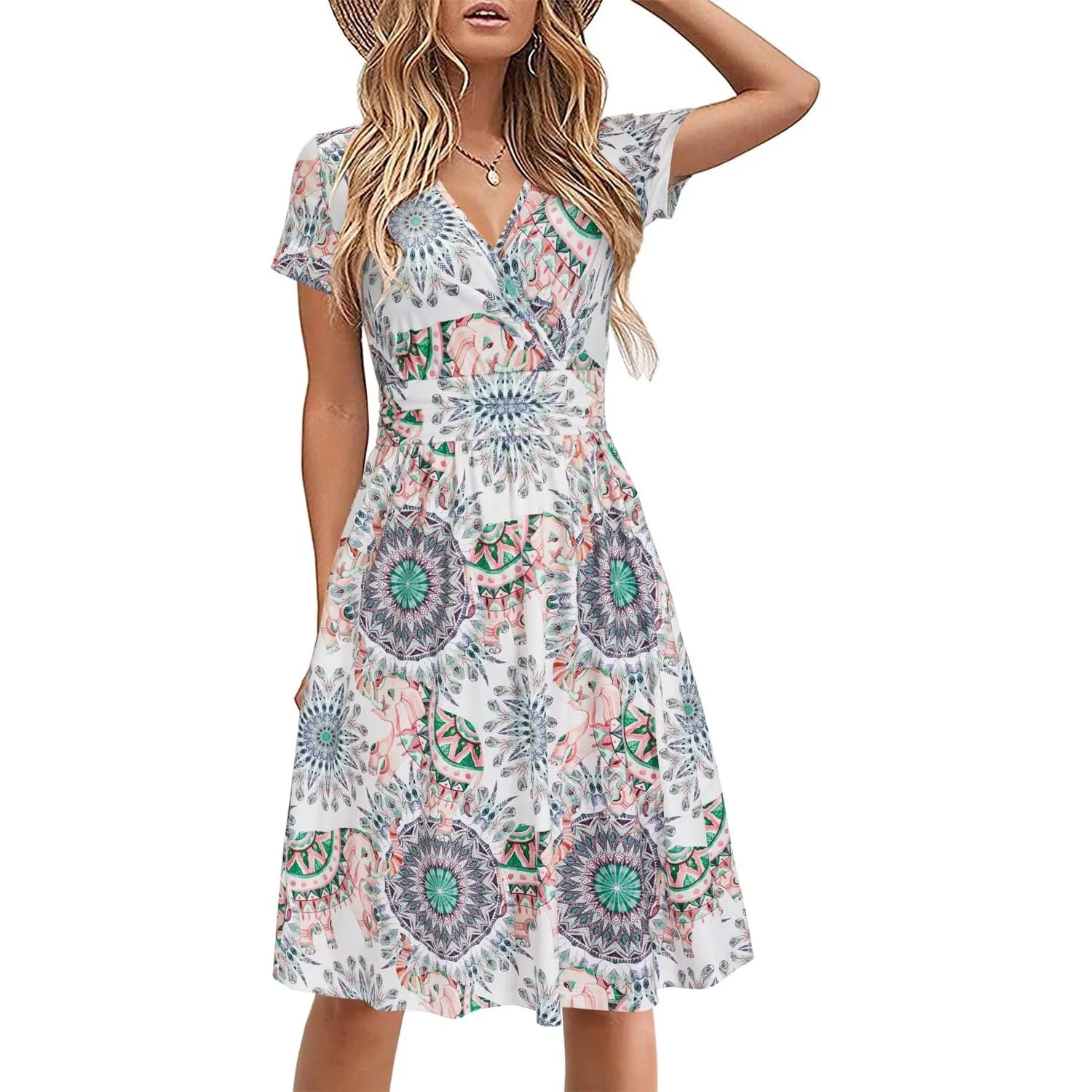 STYLEWORD Damen Sommerkleid Kurzarm V-Ausschnitt Kleider Blumenmuster Kleid Wickelkleid Mit Taschen