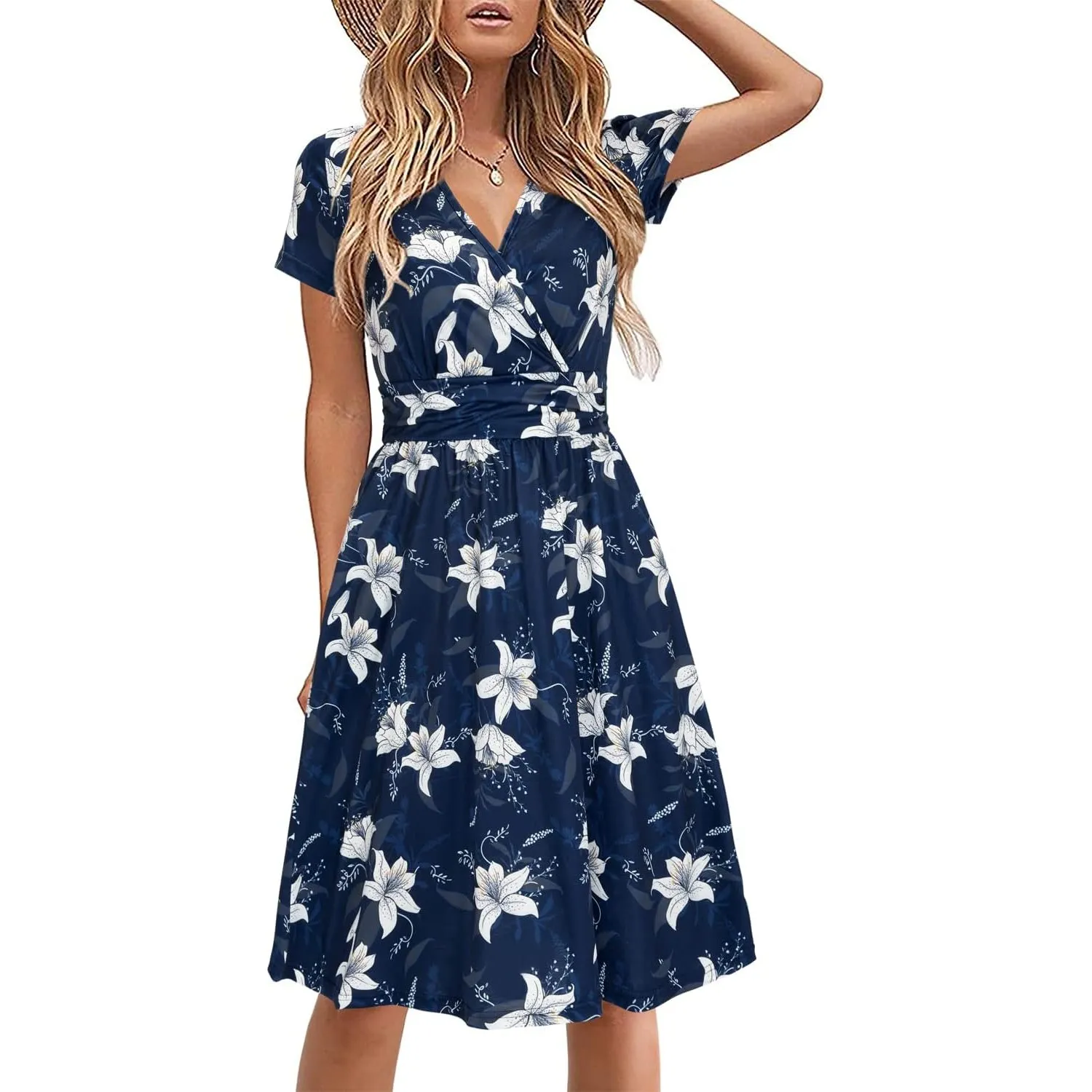 STYLEWORD Damen Sommerkleid Kurzarm V-Ausschnitt Kleider Blumenmuster Kleid Wickelkleid Mit Taschen