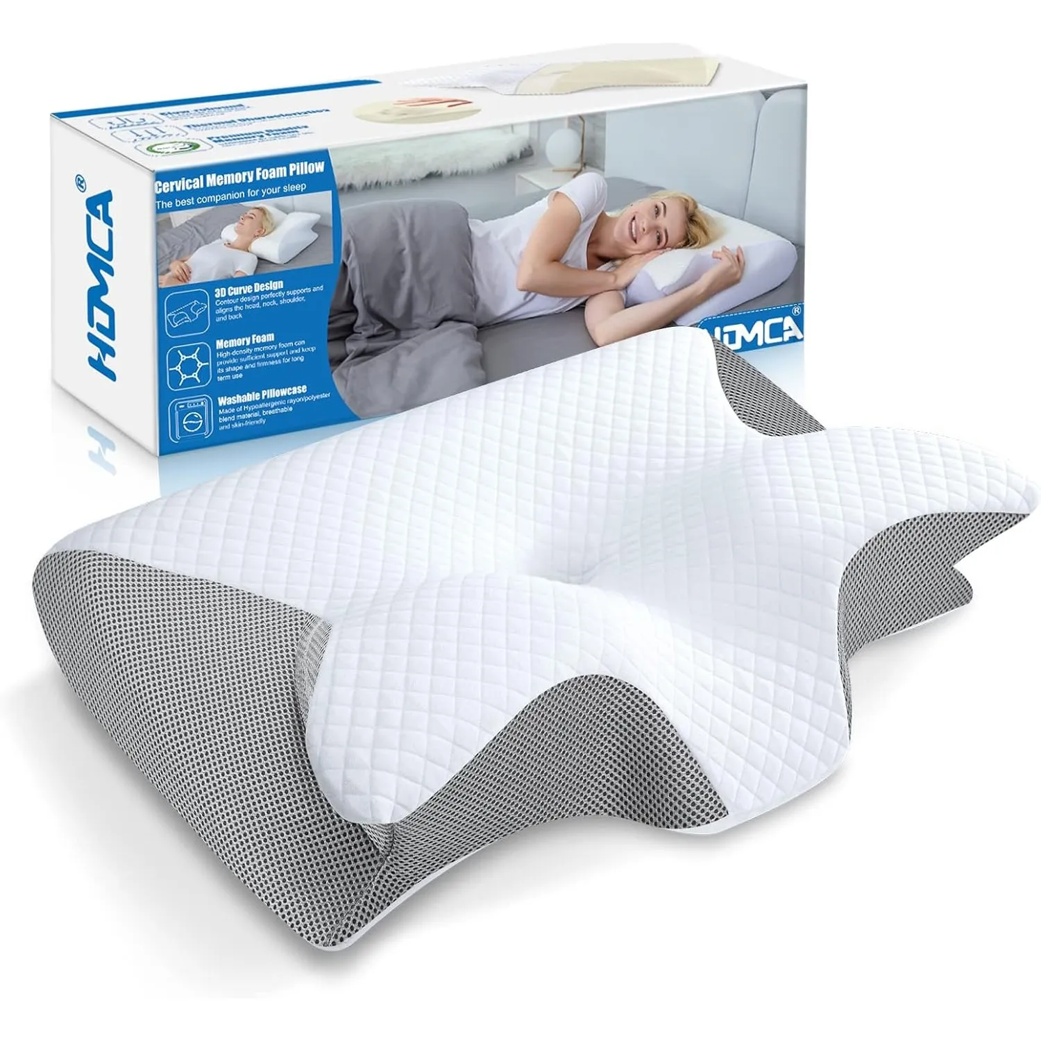 HOMCA 2 in 1 Ergonomisches Nackenkissen Kopfkissen Memory Foam Kissen für Rücken-, Seiten- und Bauchschläfer, 60x40x12/…