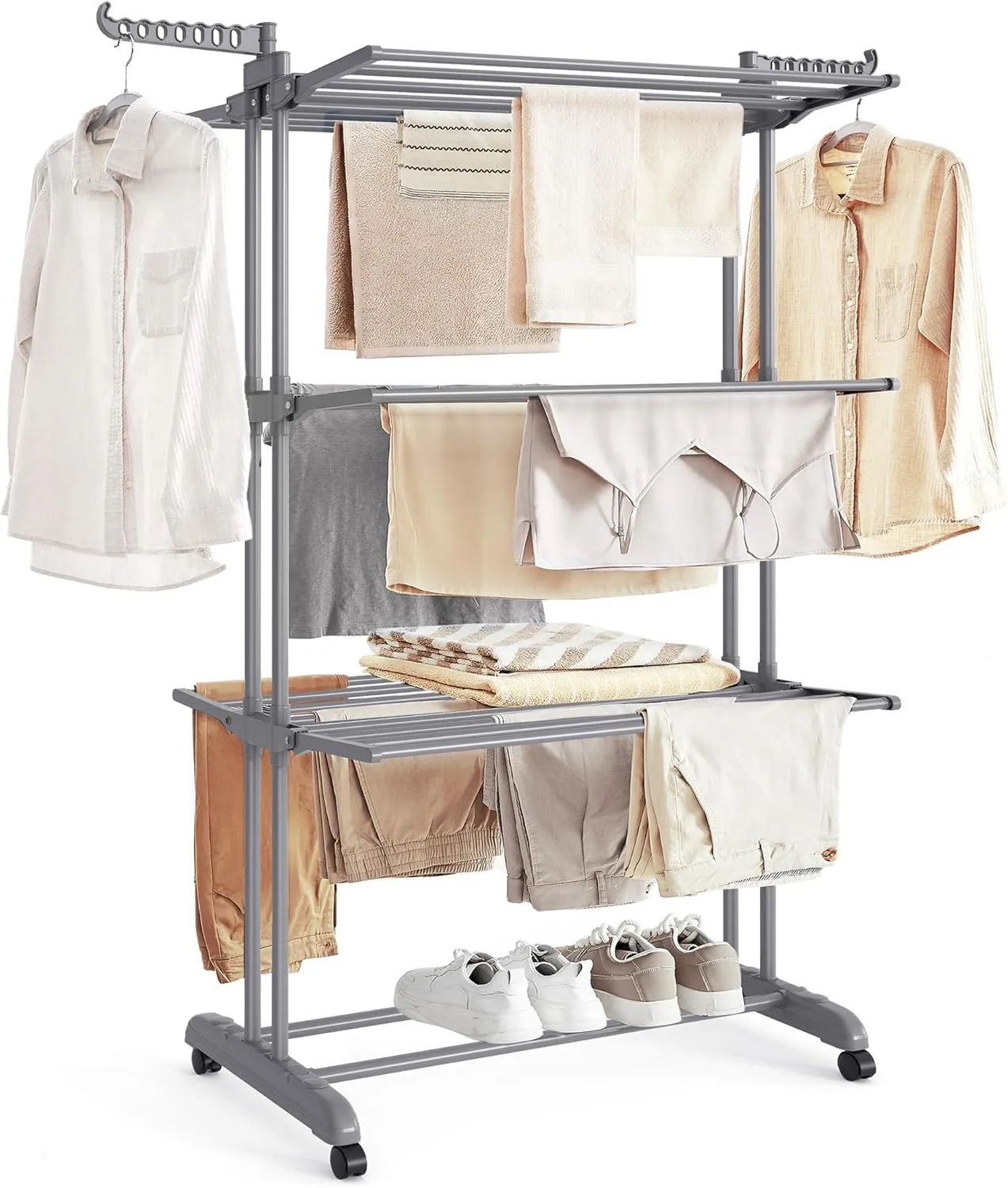 SONGMICS Clothes Airer 4 Tier Folding Wing Clothes Airer with Wheels 63.5 x 128 x 173 cm Large Easy Assembly Dove Grey …