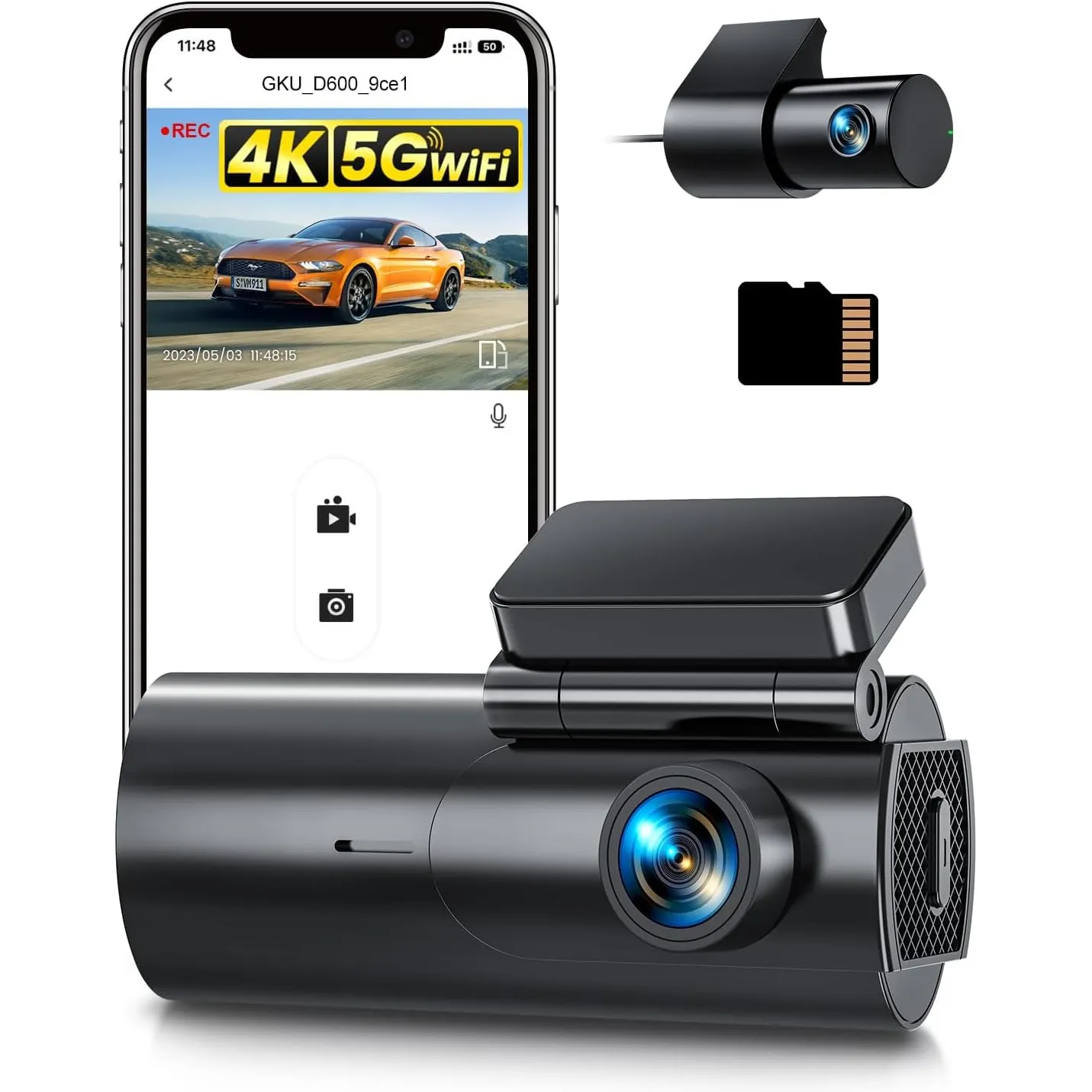 GKU Dashcam Auto Vorne Hinten 4K+1080P, 5GHz WiFi Dashcam mit 64GB SD Karte