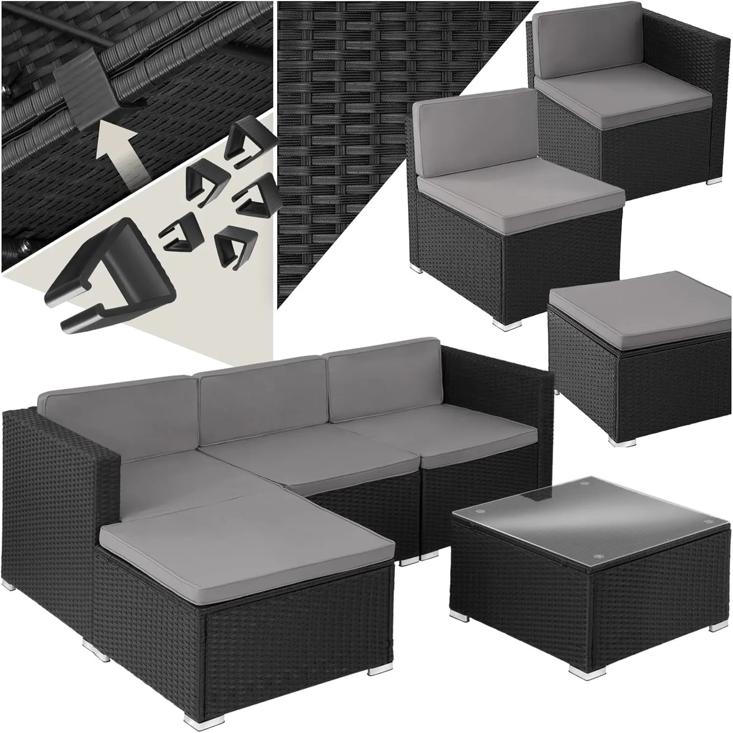 tectake® Poly Rattan Lounge, Outdoor Sitzgruppe, Set mit Sofa Sessel, Hocker, Tisch, frei kombinierbar, Sitzecke für 3-…