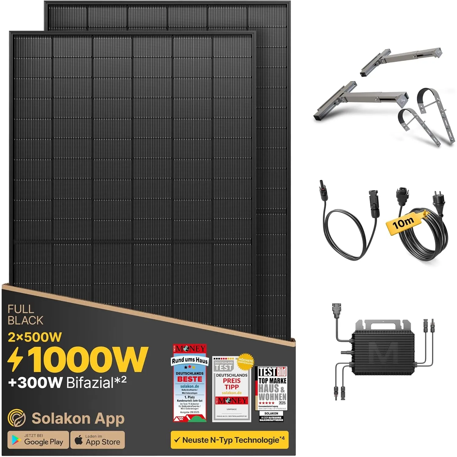 Solakon® 1000W Balkonkraftwerk mit Halterung (Balkon) - Balkonkraftwerk 800W komplett Steckdose - neuester 800 Watt Wec…