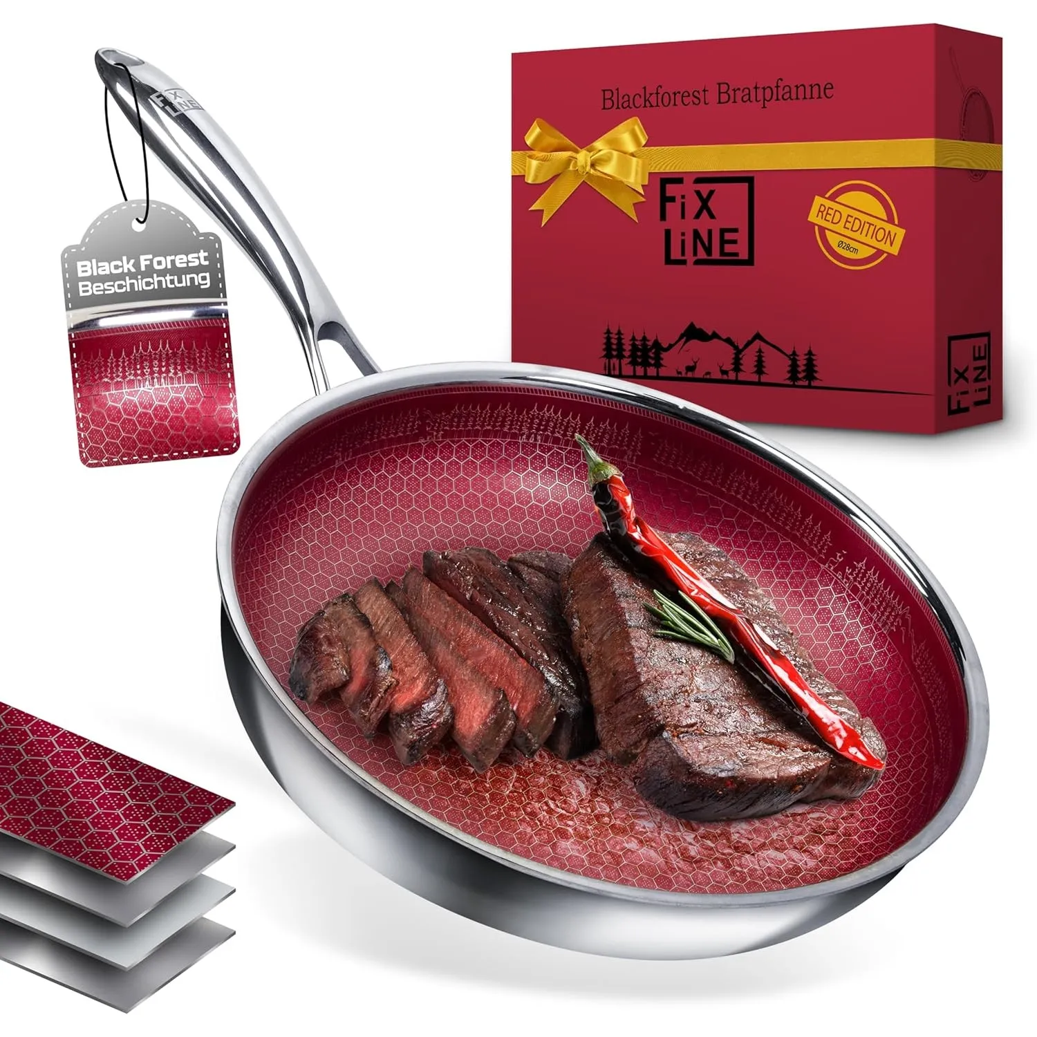 FIXLINE® BLACK FOREST Servierpfanne 28cm - RED Edition - kratzfeste Beschichtung ohne PTFE - alle Herdarten inkl. Induk…