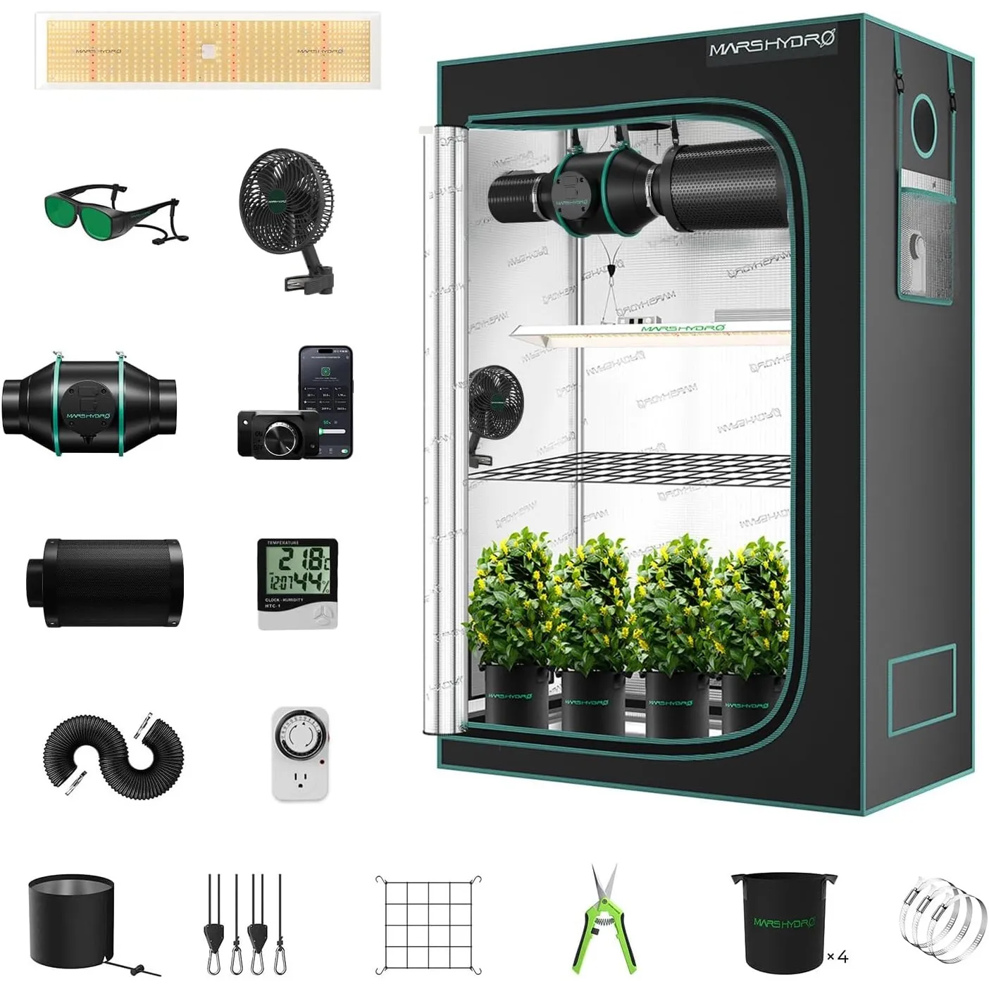 MARS HYDRO TSL2000 Growzelt Komplettset,LED Vollspektrum Dimmbar Grow Lampe,120X60X180cm 1680D Hohe Reflektivität Mylar…