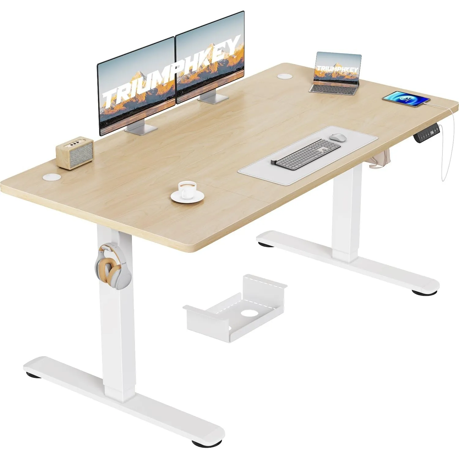 TRIUMPHKEY Höhenverstellbarer Schreibtisch 140x70, 18mm Tischplatte & USB-A