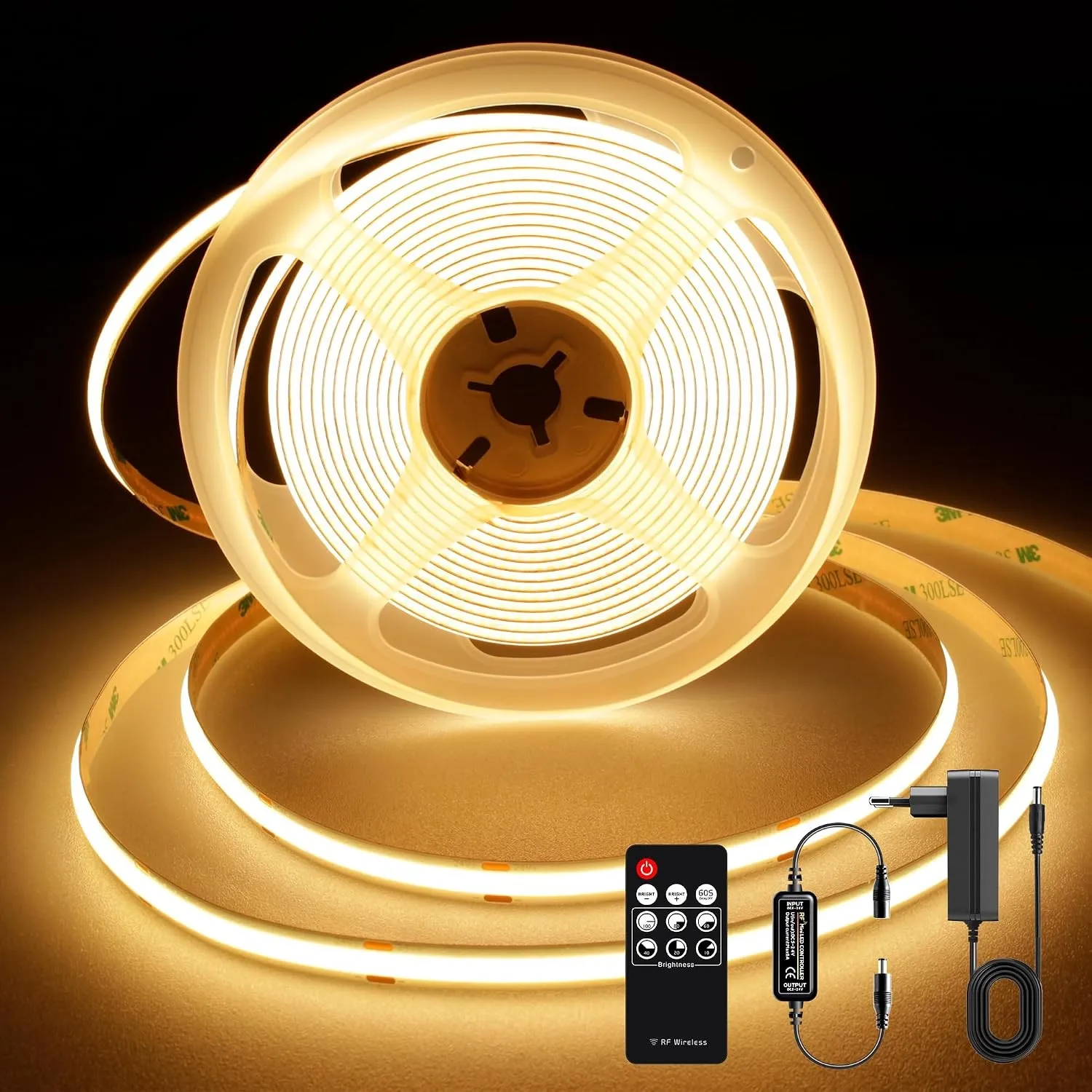 TTWAY COB LED Streifen 2M, 2700K Warmweiße LED Streifen mit Netzteil und Fernbedienung, DC24V, 480LEDs/M, CRI 90+, 8mm …