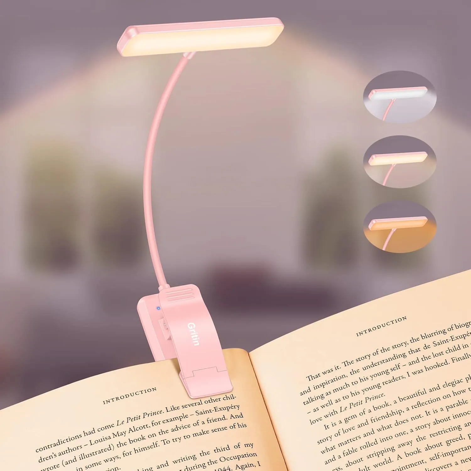 Gritin Reading Lamp Book Clamp, USB Rechargeable Book Lamp with 19 LEDs, 3 Colours, Long Running Time, Continuous Brigh…