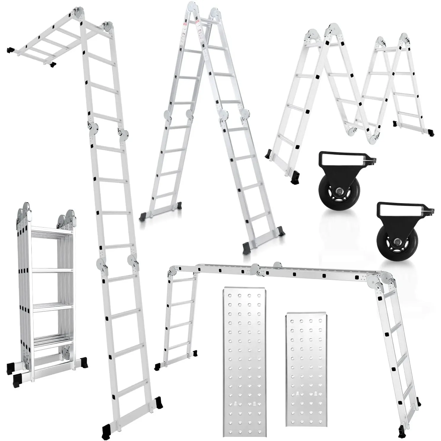 Herrselsam Mehrzweckleiter 4x4, 7in1 Multifunktionsleiter 470CM Alu Vielzweckleiter Klappleiter mit 2 Plattform und Räd…