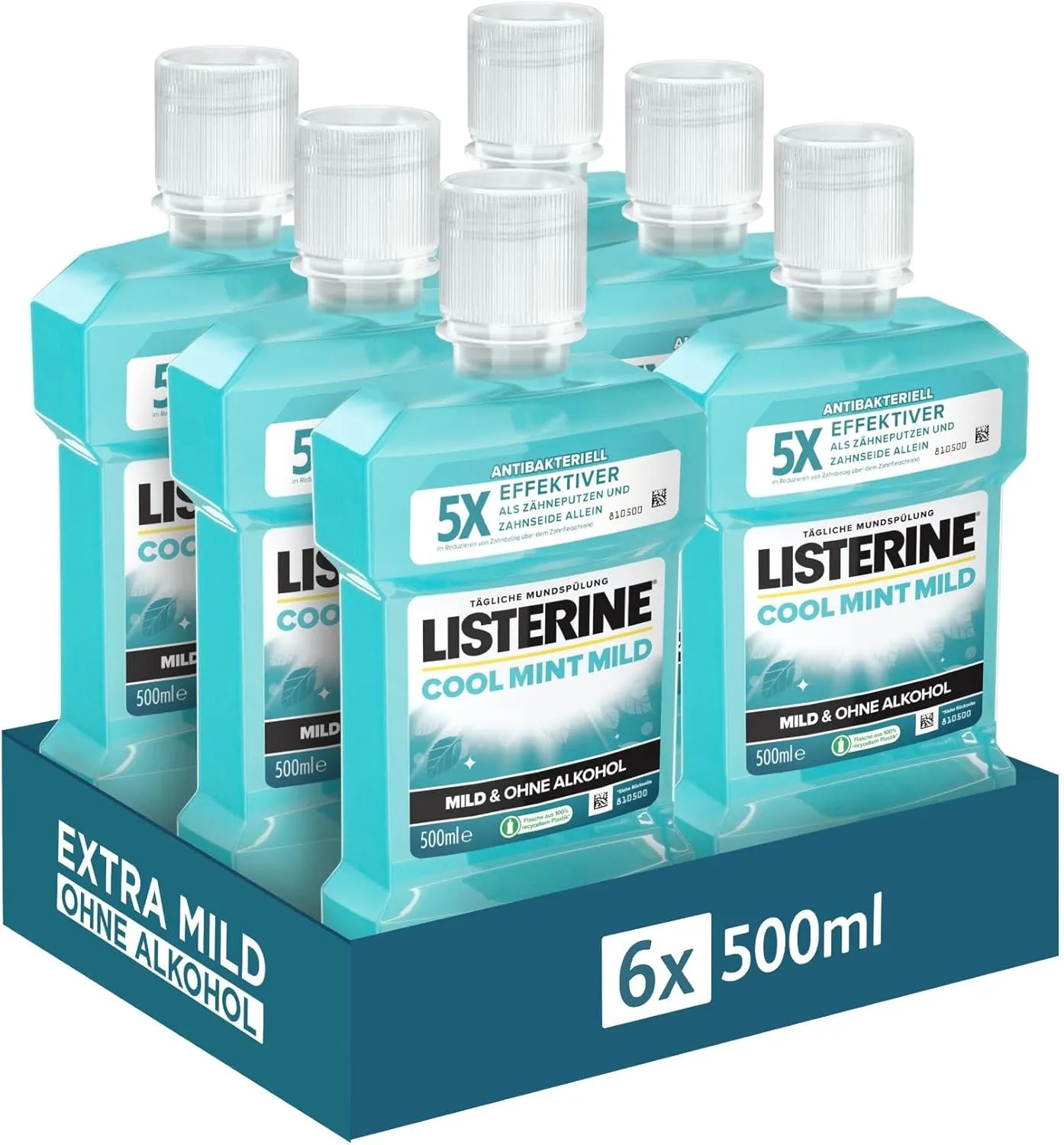 LISTERINE Cool Mint Mild 6 x 500 ml, antibakterielle Mundspülung mit ätherischen Ölen und ohne Alkohol, mildes Mundwass…